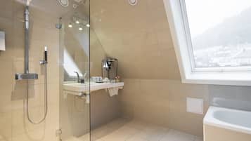 Hair dryer, heated floors, towels, soap