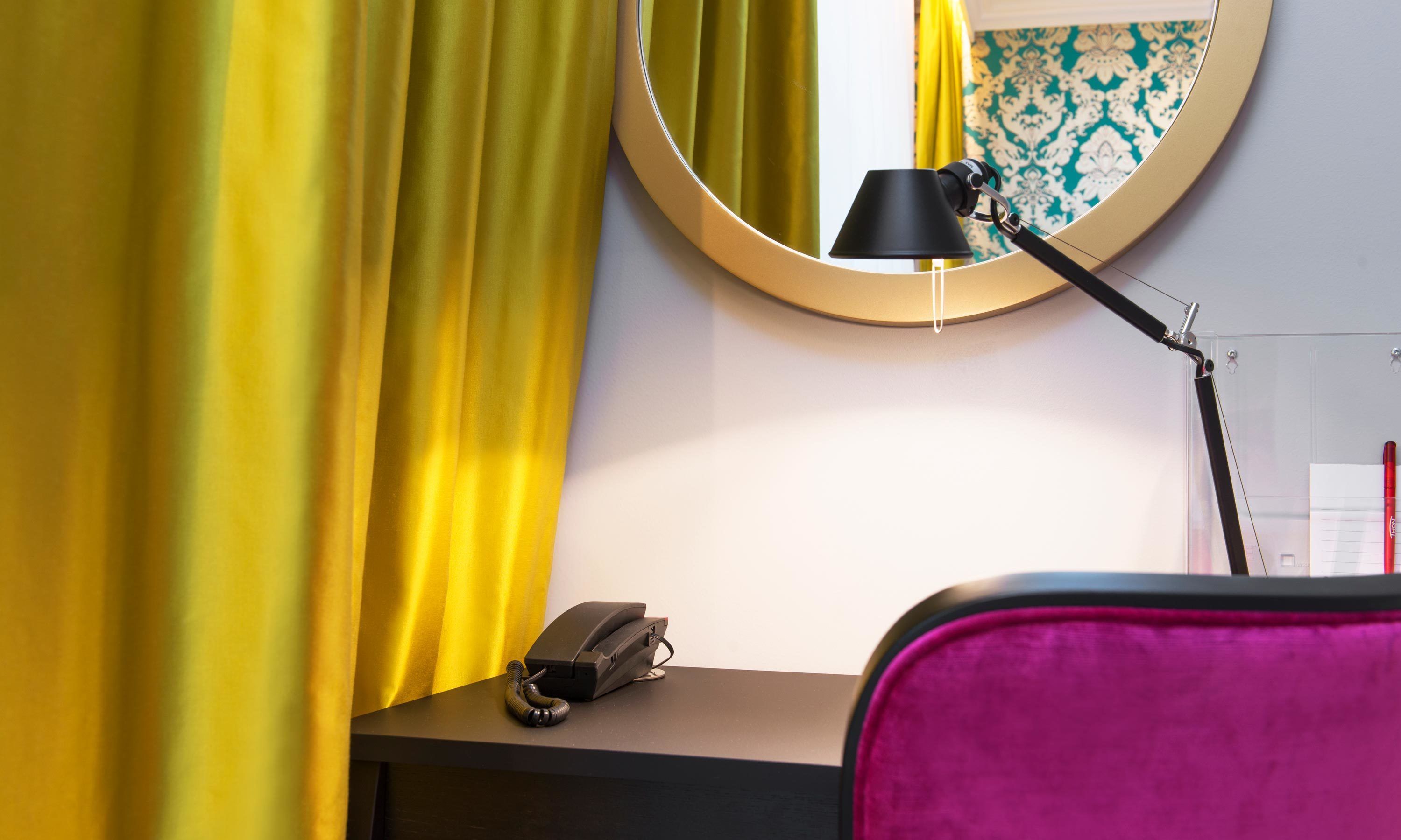 minibar, desk, laptop workspace, blackout curtains