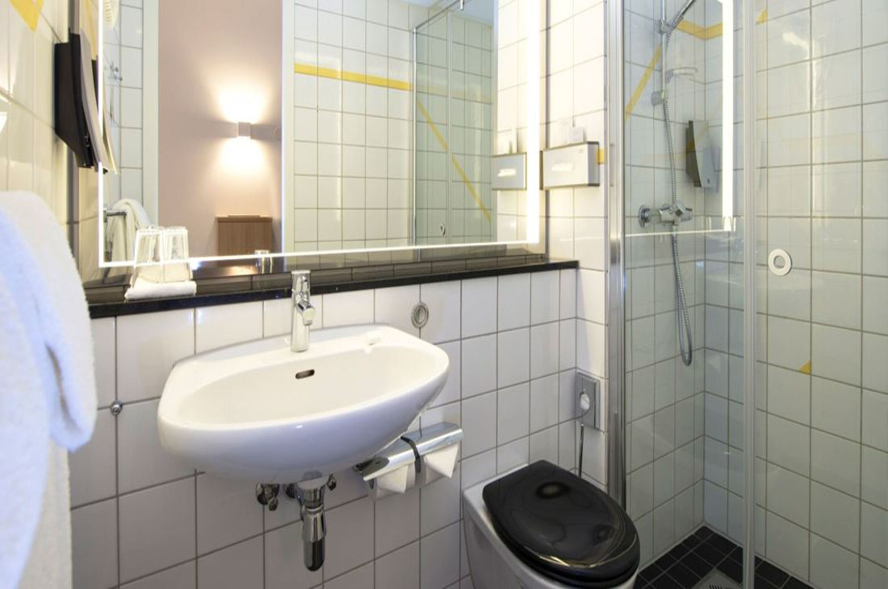 hair dryer, towels, soap, shampoo