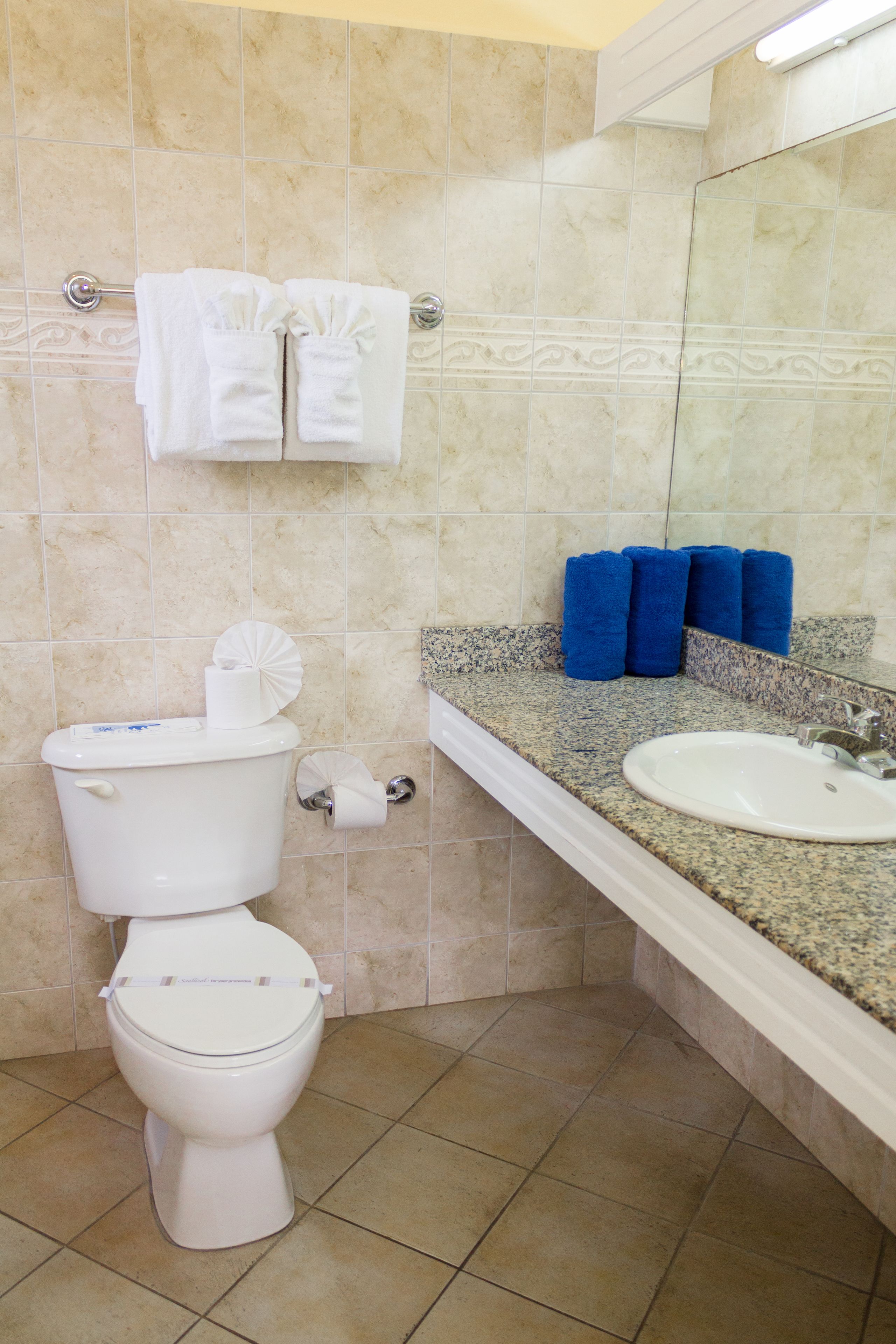 A bathroom with a toilet, sink, and towels.