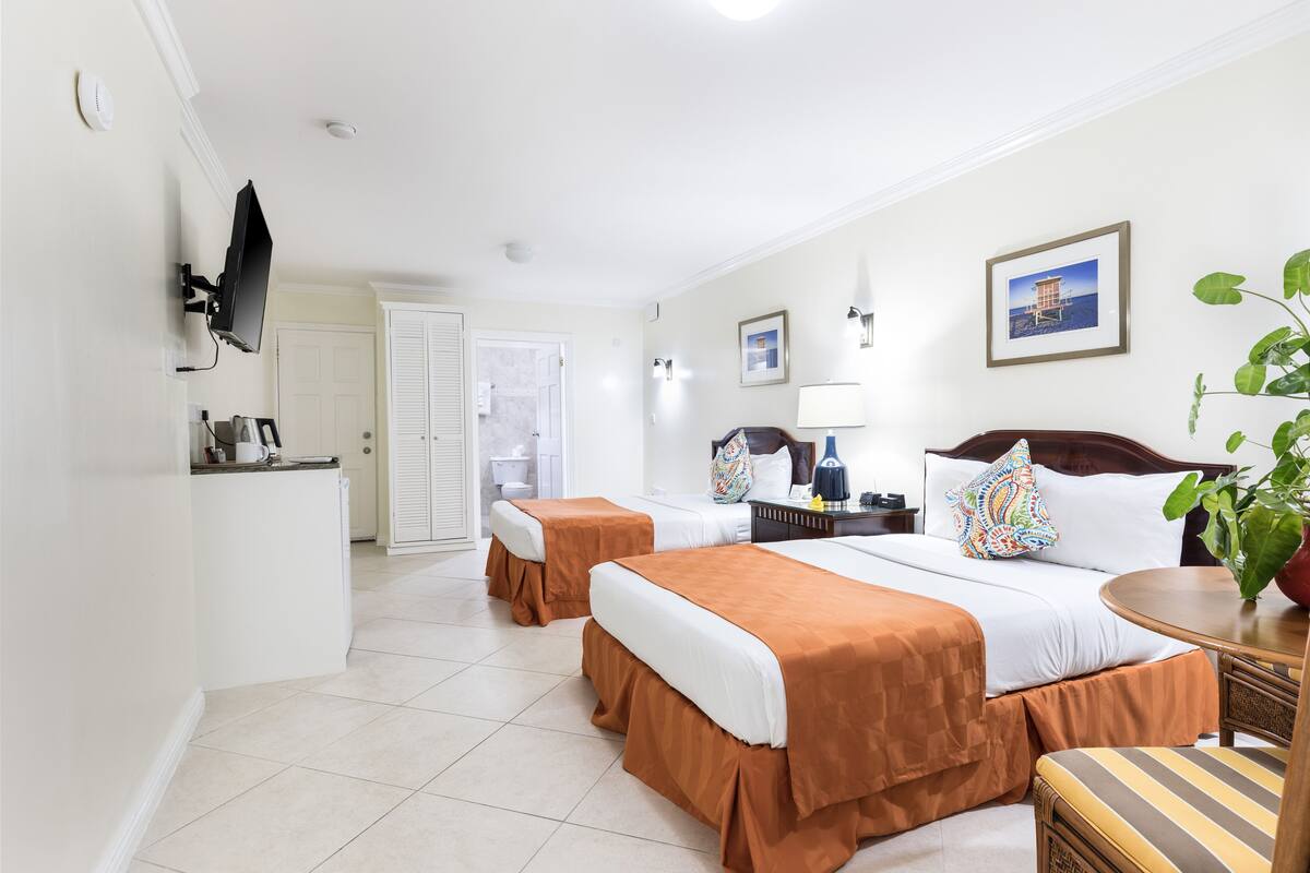 A hotel room with two beds, a TV, a desk, a chair, and a plant.