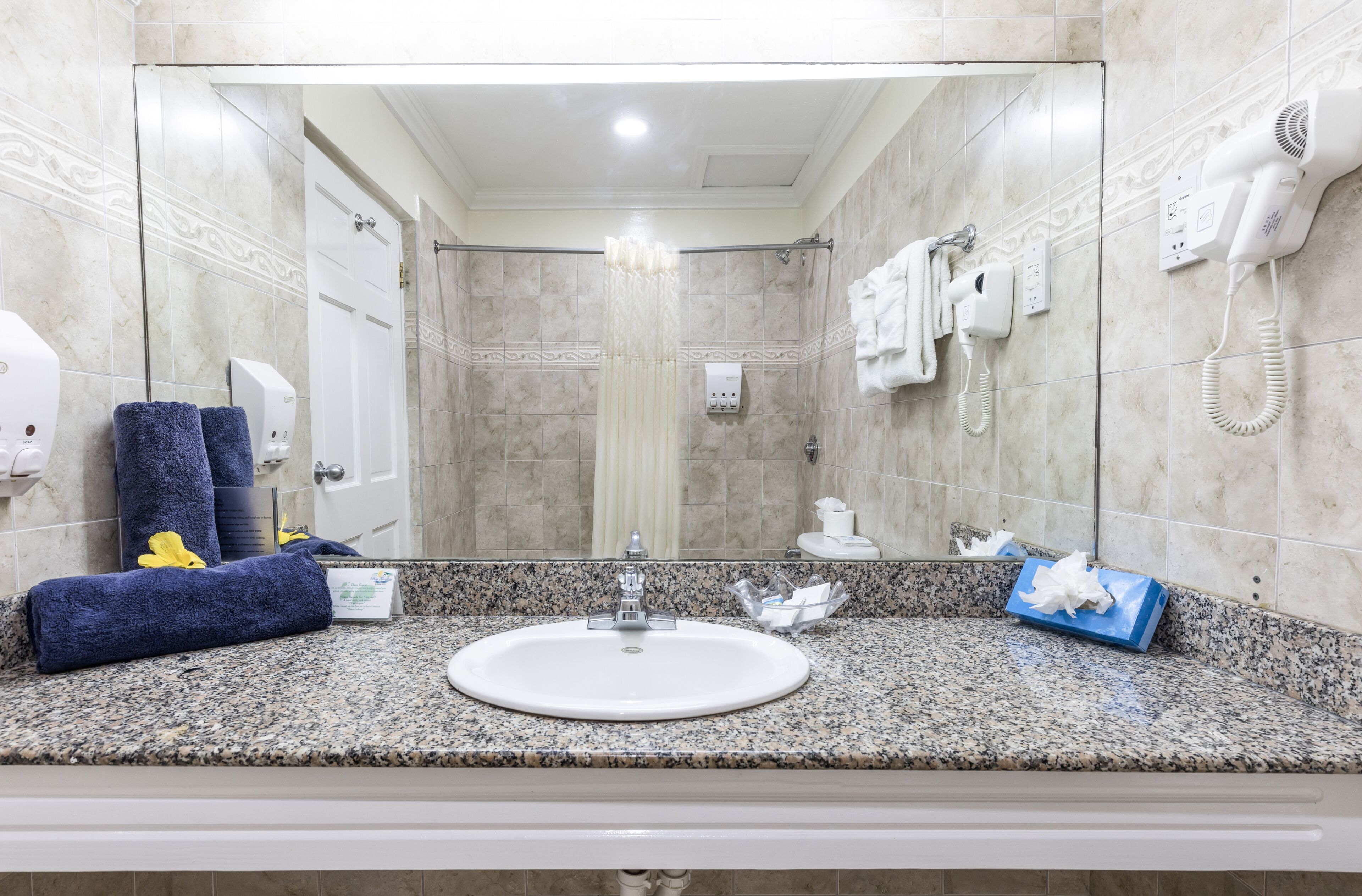 combined shower/bathtub, free toiletries, hair dryer, towels