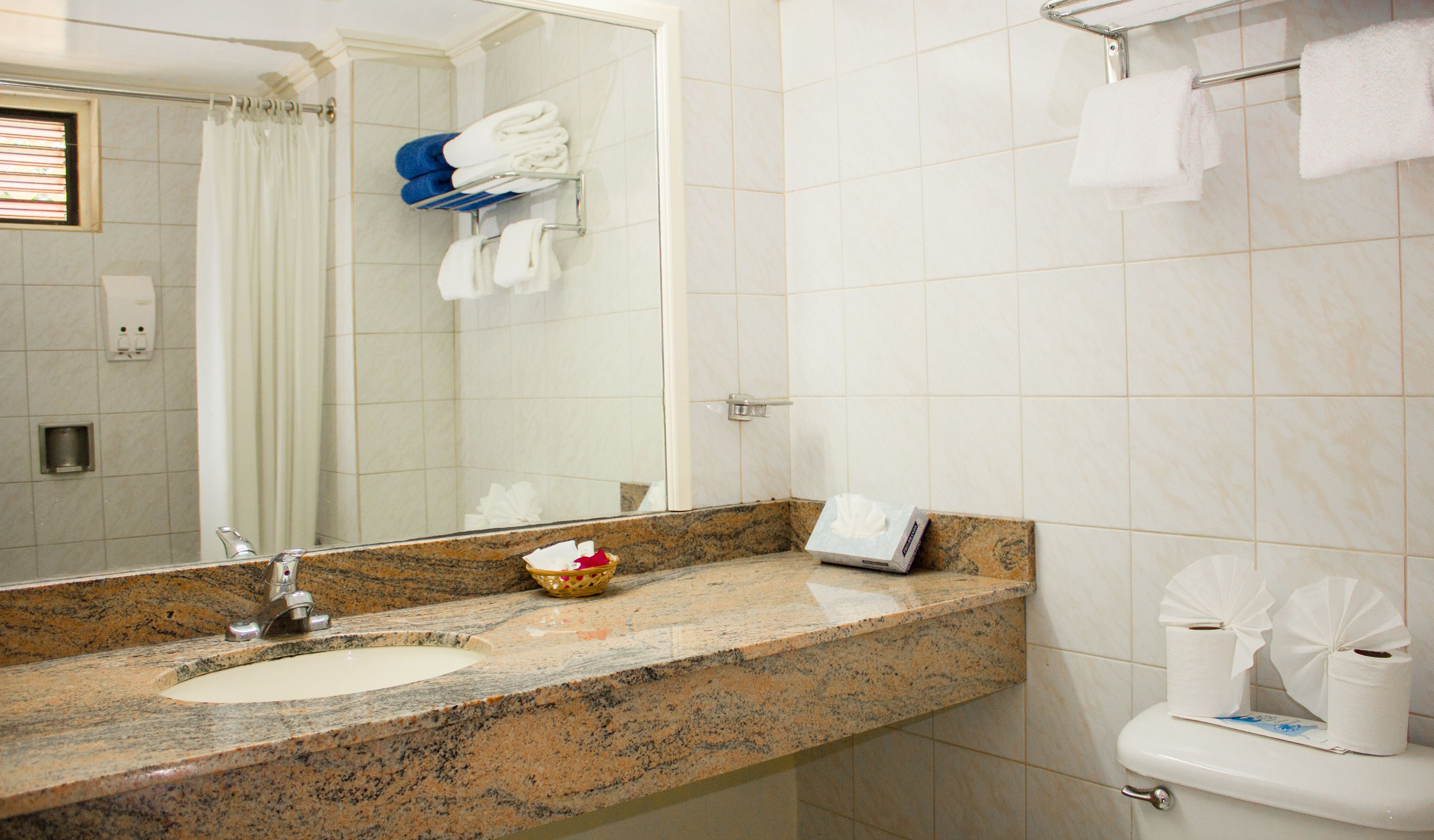 A bathroom with a granite countertop, a sink, a toilet, and a shower area.