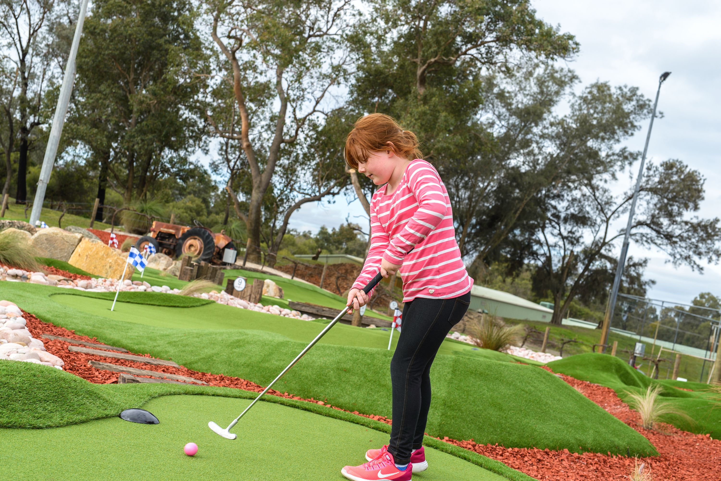 A person playing golf on a green with a flag, trees, and a fence in the background.
