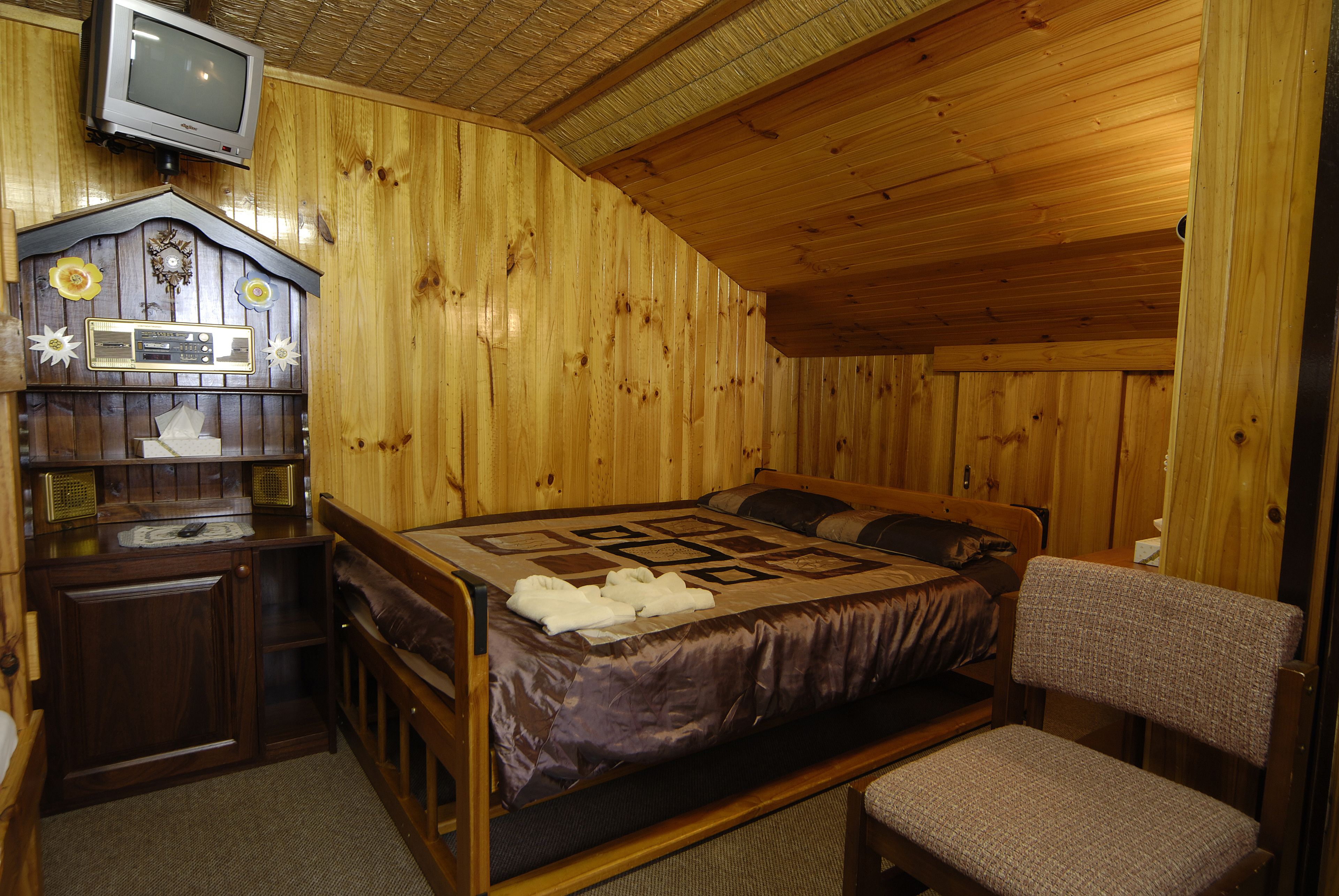 A wooden cabin room with a bed, a chair, a television, and a radio.