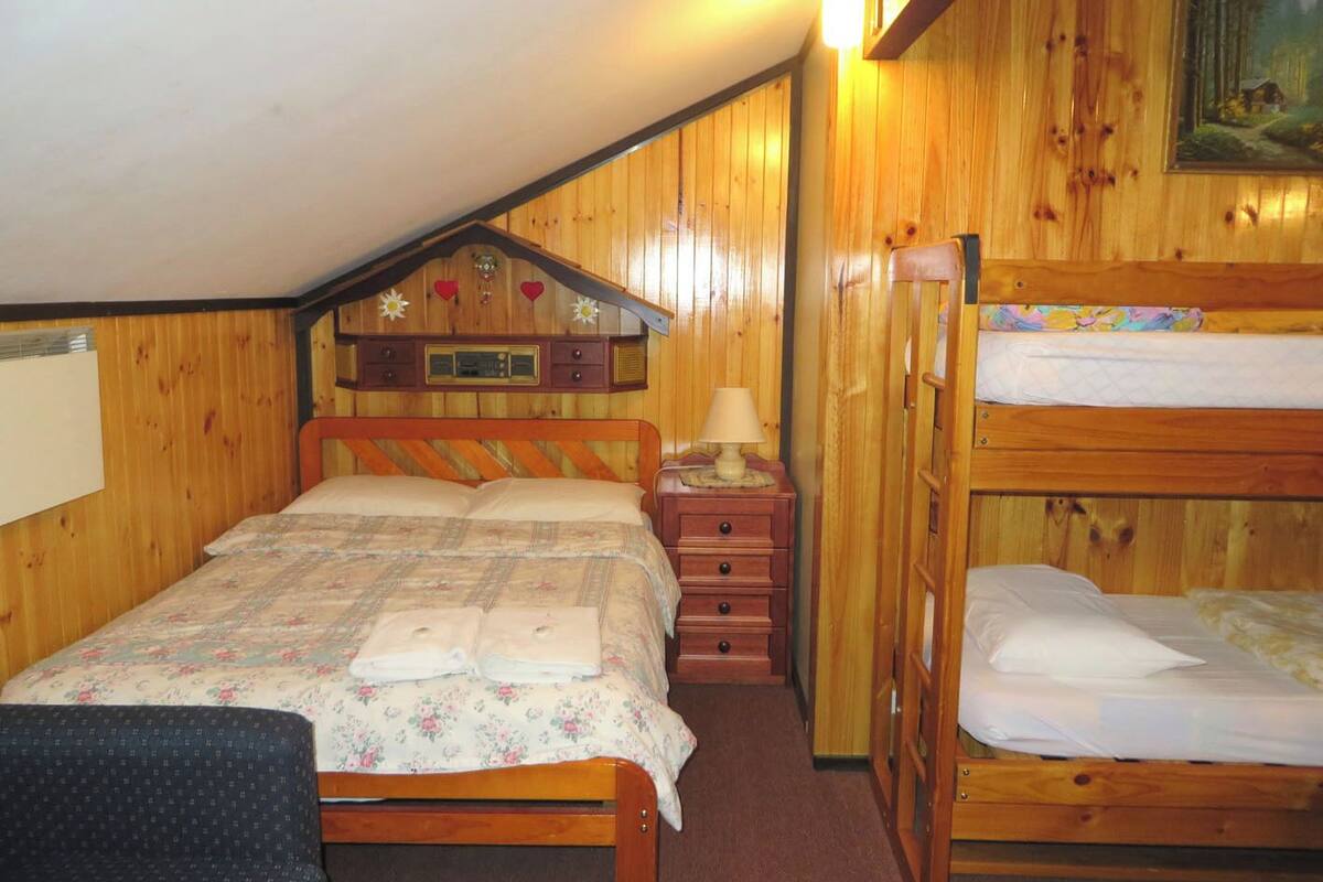 A wooden cabin bedroom with a bunk bed, a single bed, and a dresser with a radio.
