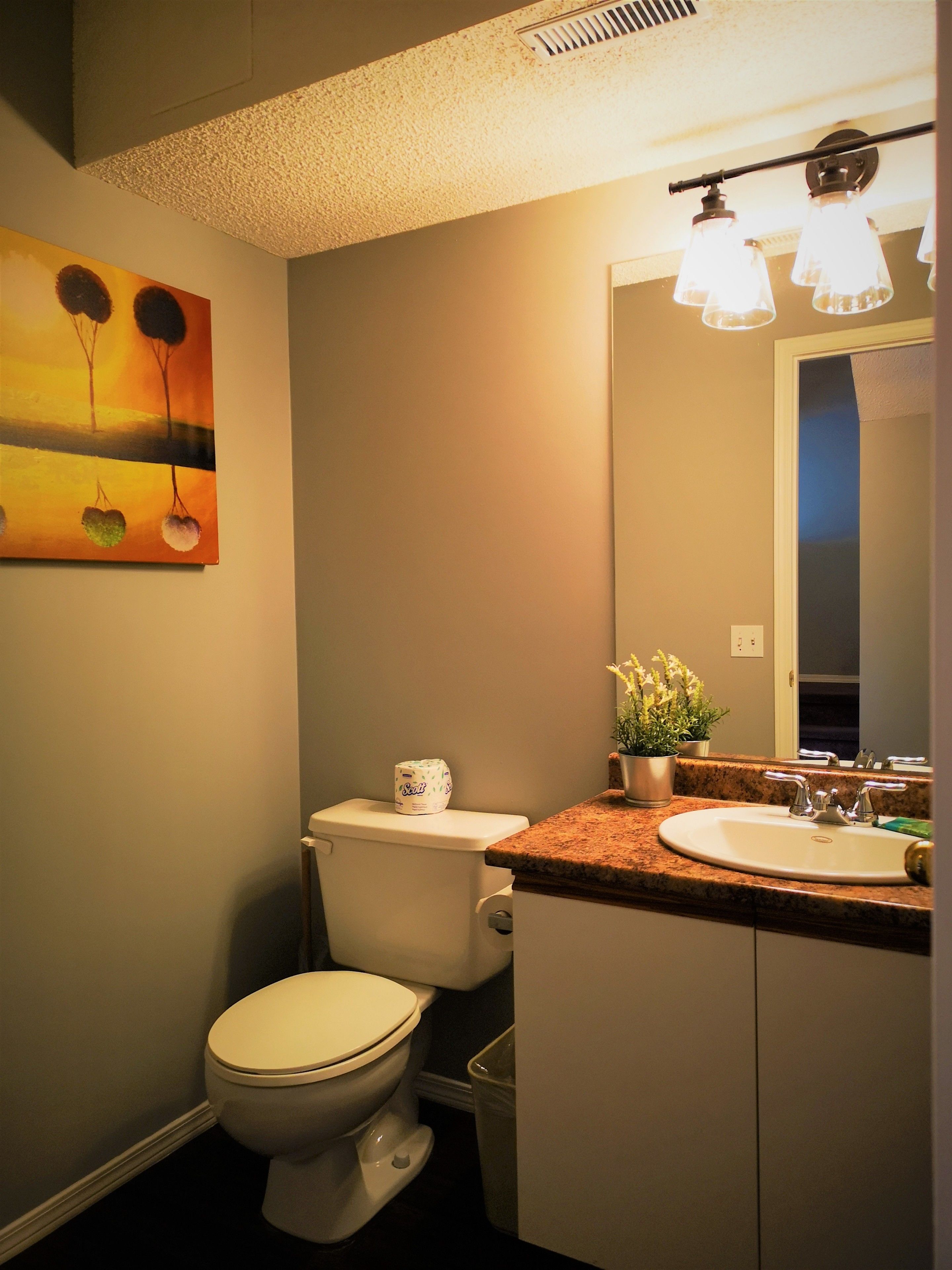 Een badkamer met toilet, wastafel en een schilderij aan de muur.