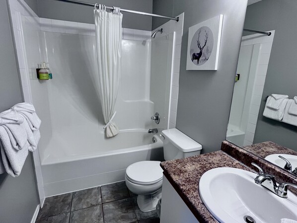 Une salle de bain avec une baignoire, des toilettes et un lavabo.