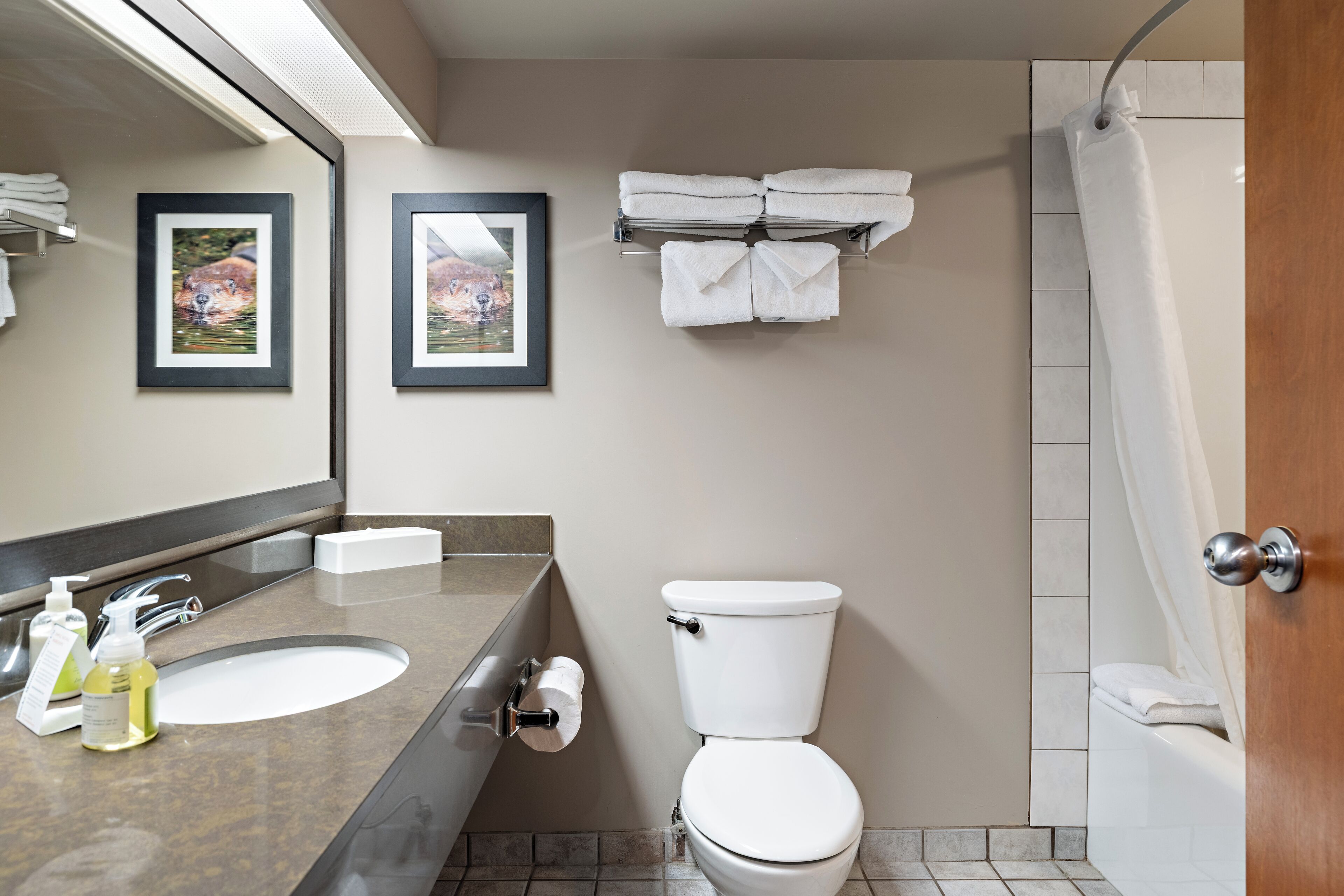 Ein Badezimmer mit Waschbecken, Toilette und Dusche. An der Wand hängen Bilder in Rahmen, und ein Handtuchhalter mit Handtüchern ist vorhanden.
