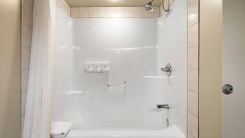 A modern shower with a glass door, a handheld showerhead, and a handheld shower attachment.
