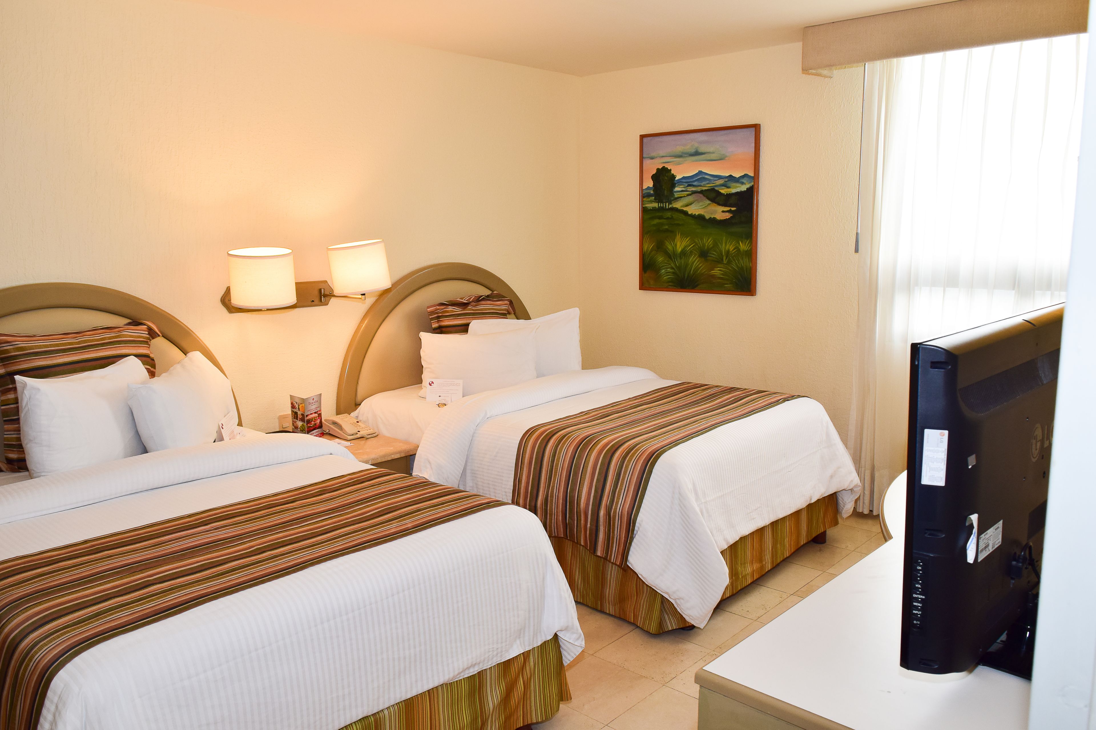 Habitación de hotel con dos camas, televisión y un cuadro en la pared.