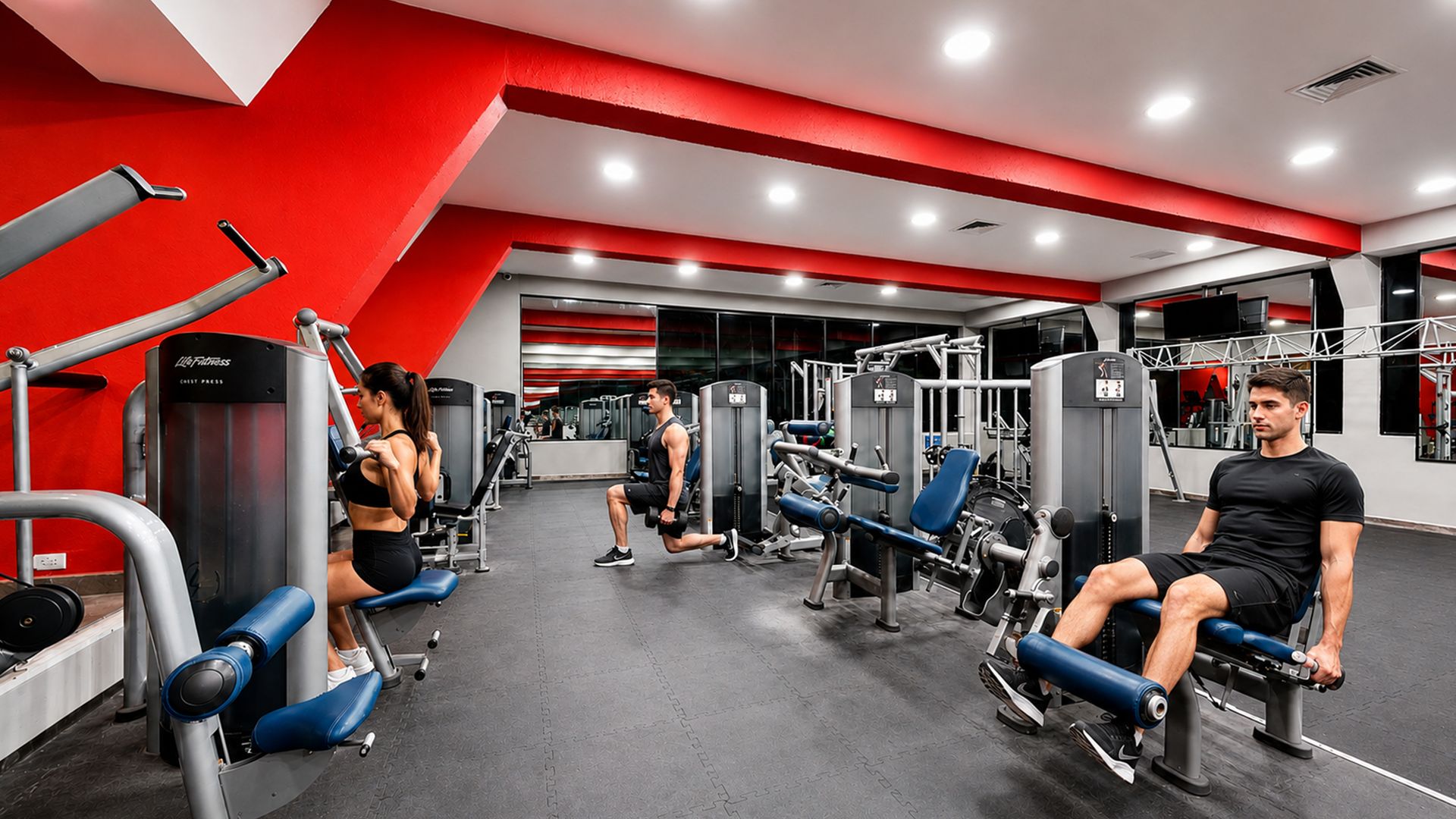 A gym with various exercise equipment, a red and white color scheme, and a modern design.