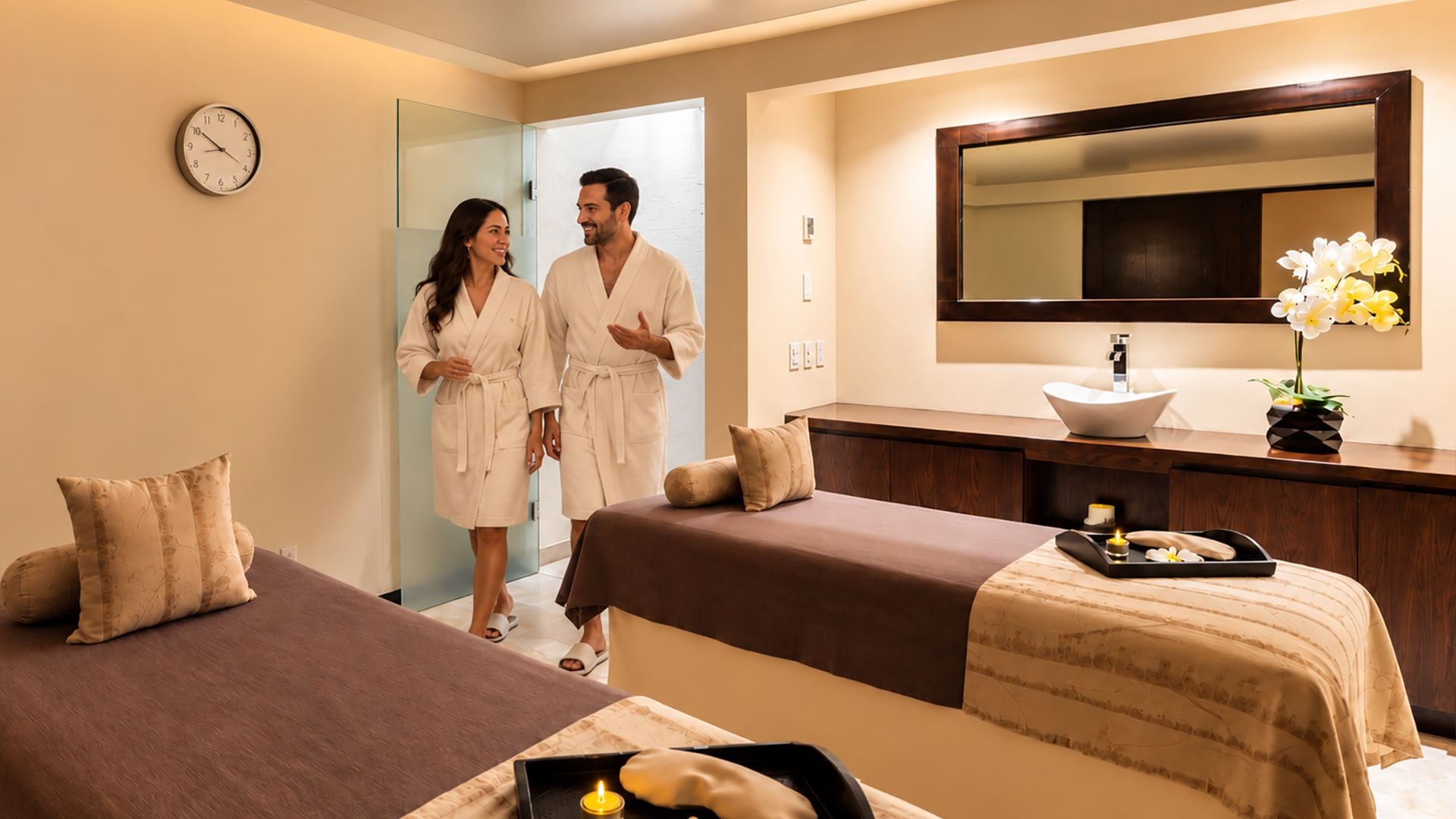 Habitación de hotel con dos camas, un espejo grande, un lavabo y un reloj en la pared.