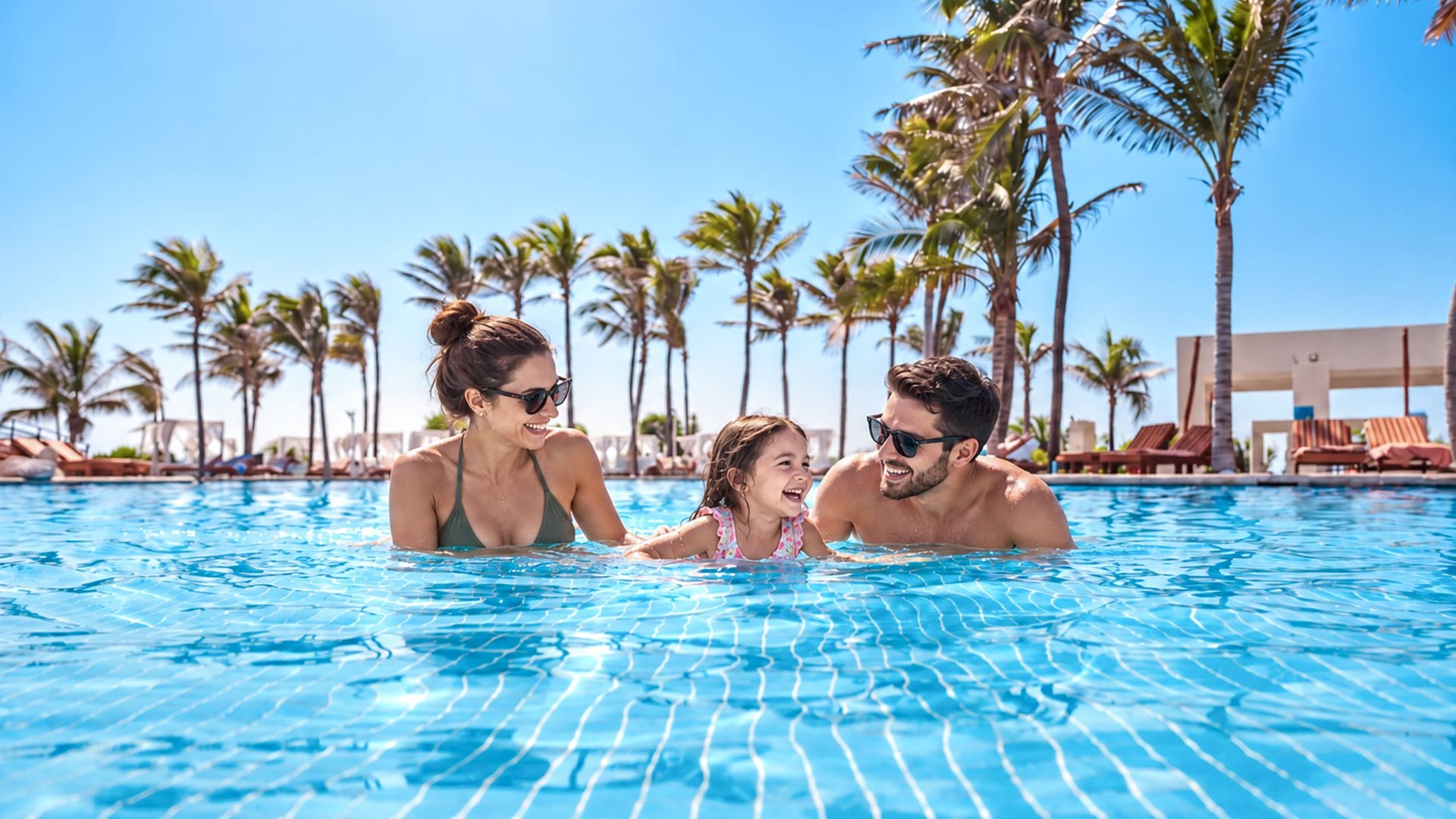 Una piscina con agua azul cristalina, rodeada de palmeras y sillones de descanso.