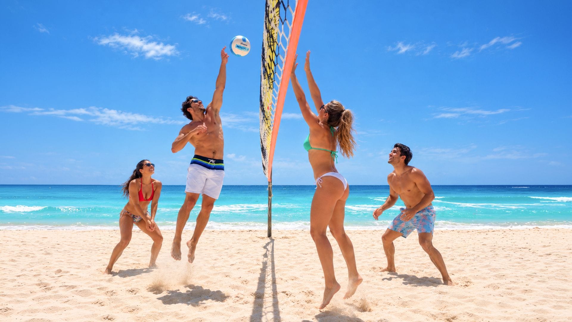 A beach volleyball game with players in swimwear, a volleyball net, and a clear blue sky.