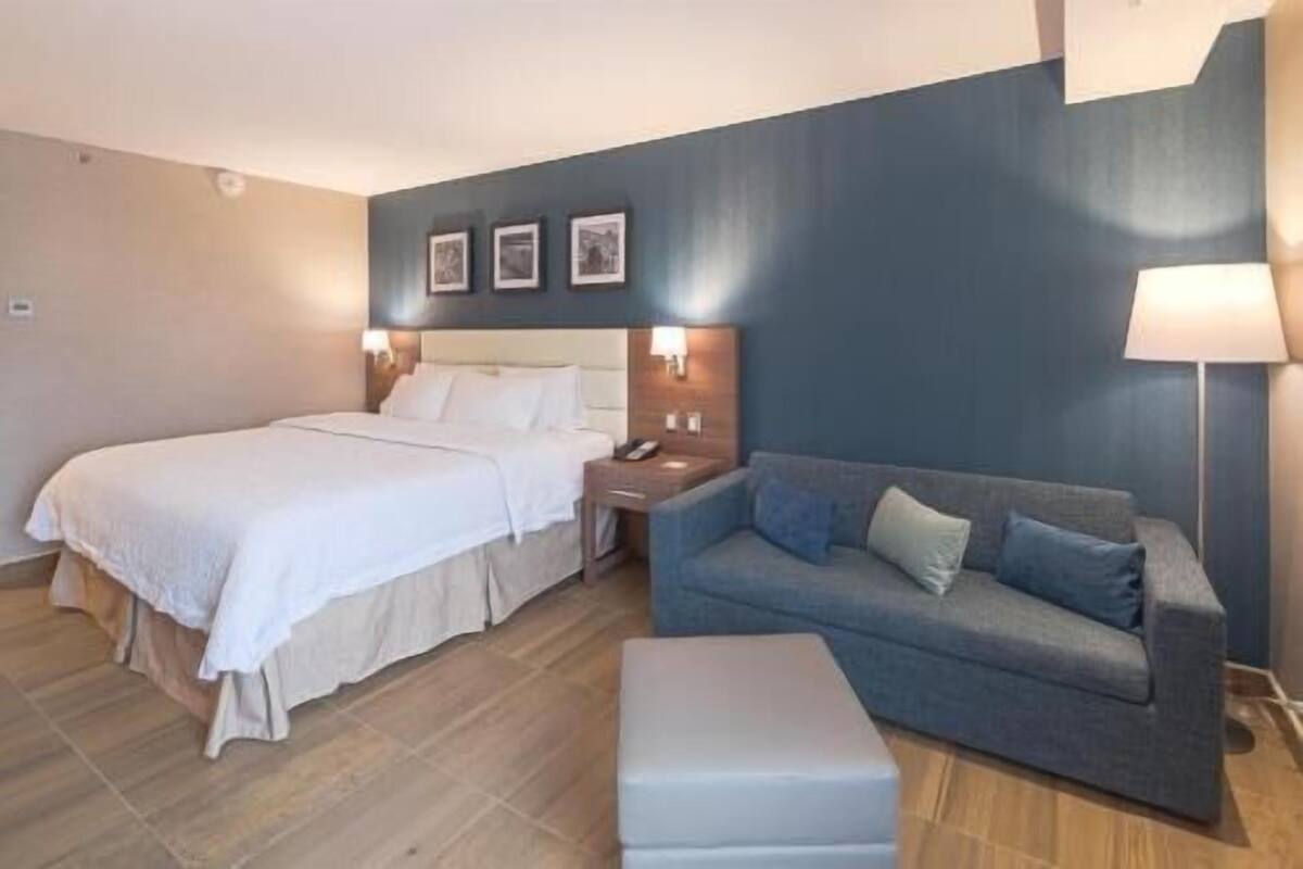 A hotel room with a bed, a sofa, a nightstand, and a lamp.