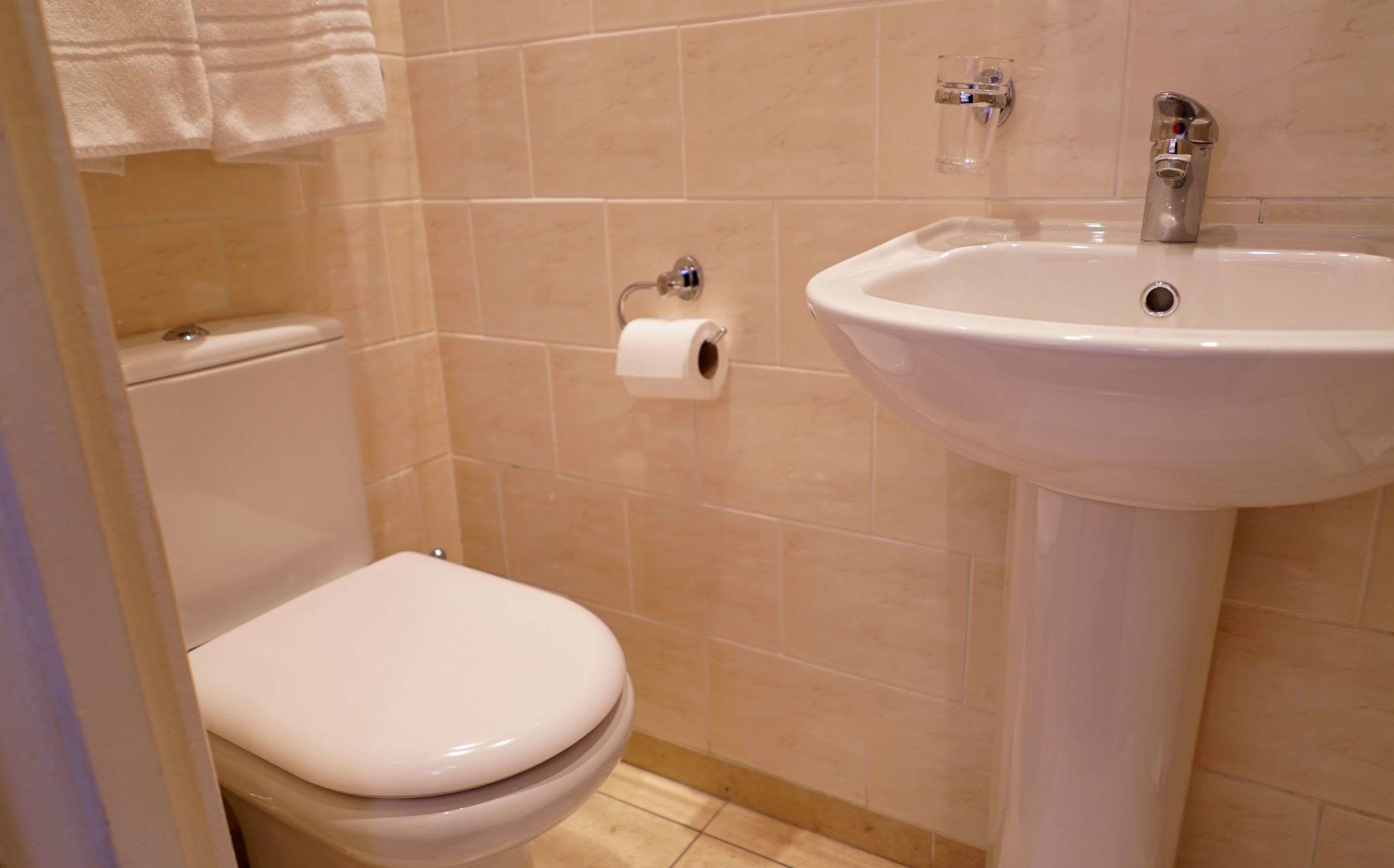 A bathroom with a toilet, a sink, and a towel rack.