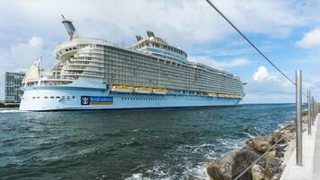 Un grand navire de croisière était amarré dans un port, et on pouvait voir ses nombreux ponts ainsi que ses canots de sauvetage.