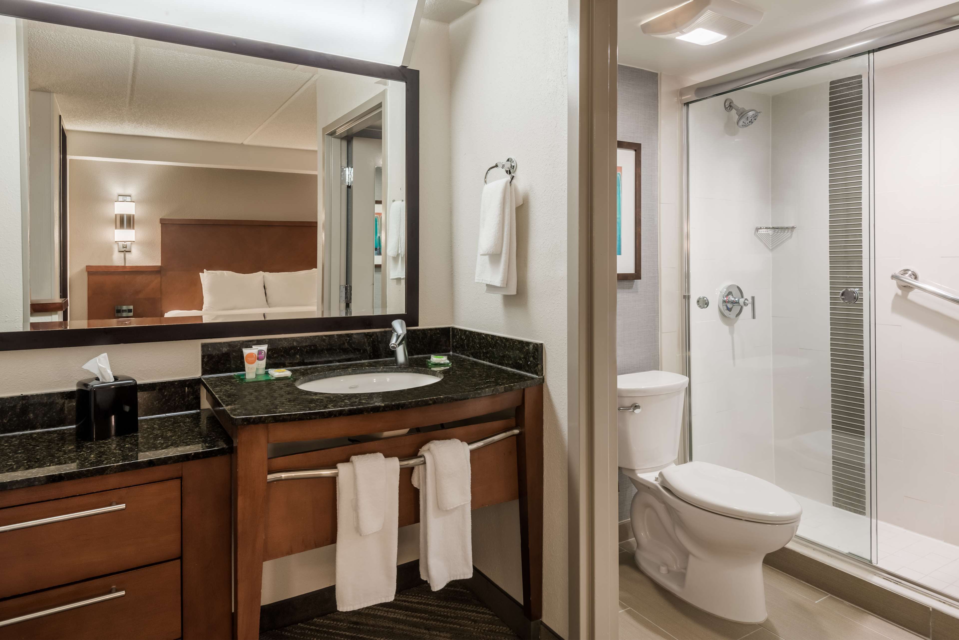 designer toiletries, hair dryer, towels