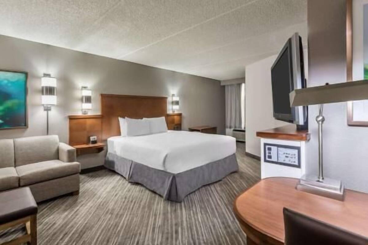Une chambre d’hôtel avec un lit, un canapé, un bureau et une télévision.