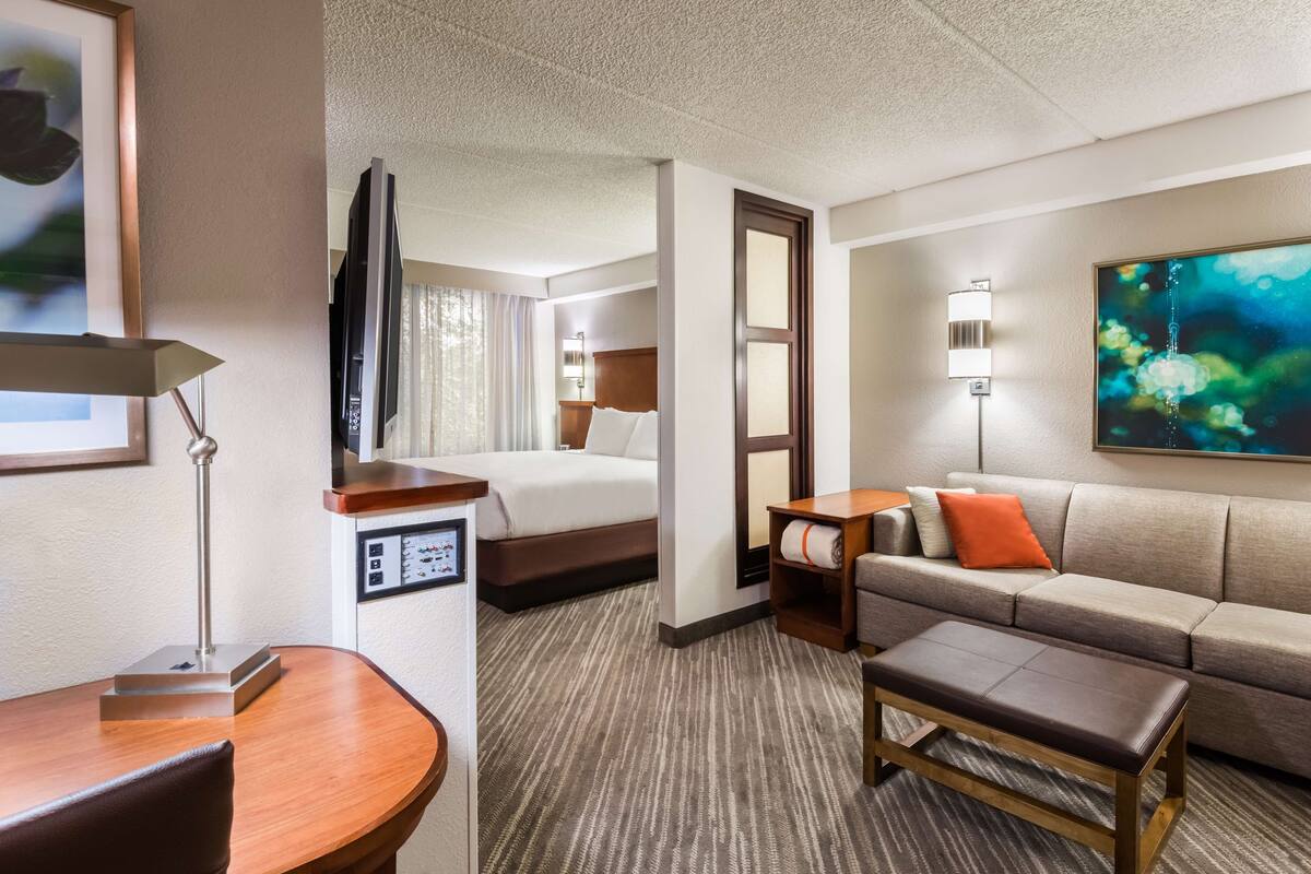 Une chambre d’hôtel avec un lit, un canapé, un bureau et une télévision.
