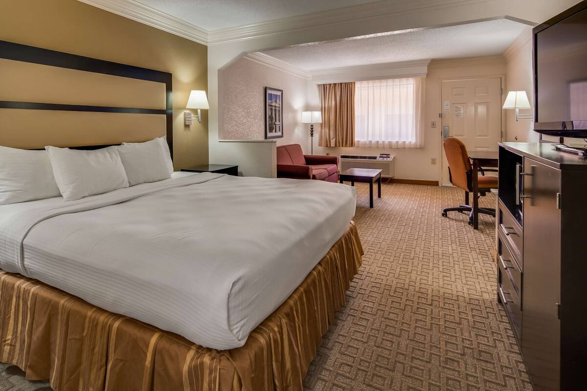 A hotel room with a large bed, a desk, a chair, and a television.