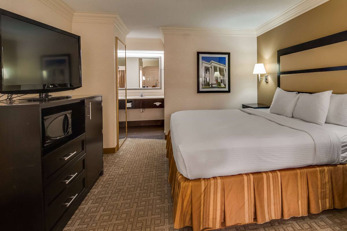 A hotel room with a bed, a TV, a dresser, a mirror, and a picture on the wall.