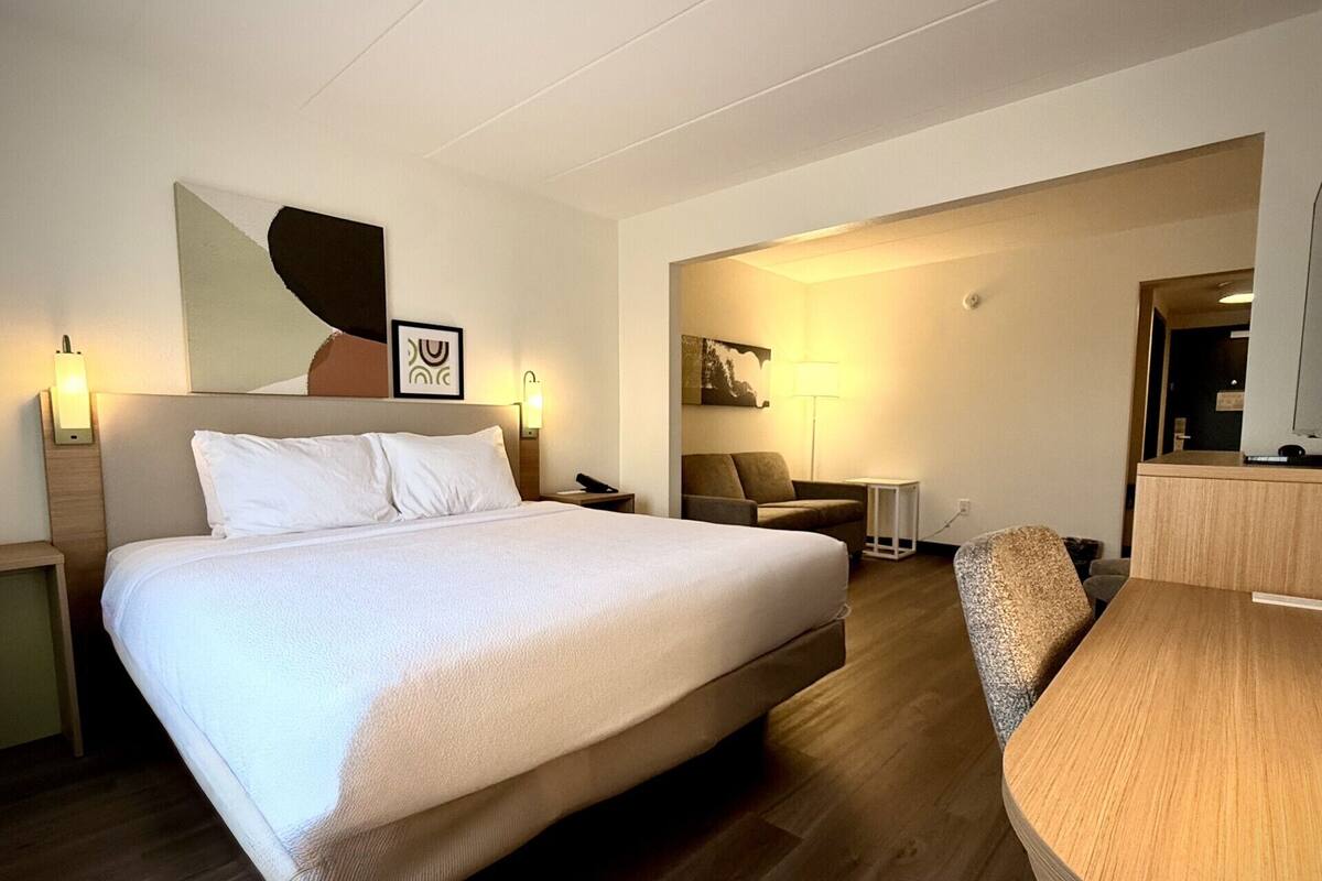 A hotel room with a large bed, a desk, a chair, a lamp, and a painting on the wall.