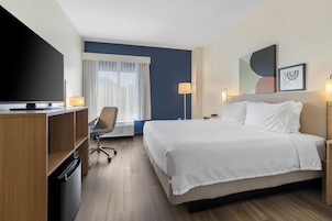 A hotel room with a bed, desk, chair, television, and artwork on the wall.