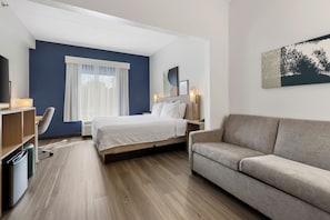 A modern hotel room with a bed, a sofa, a desk, and a chair.