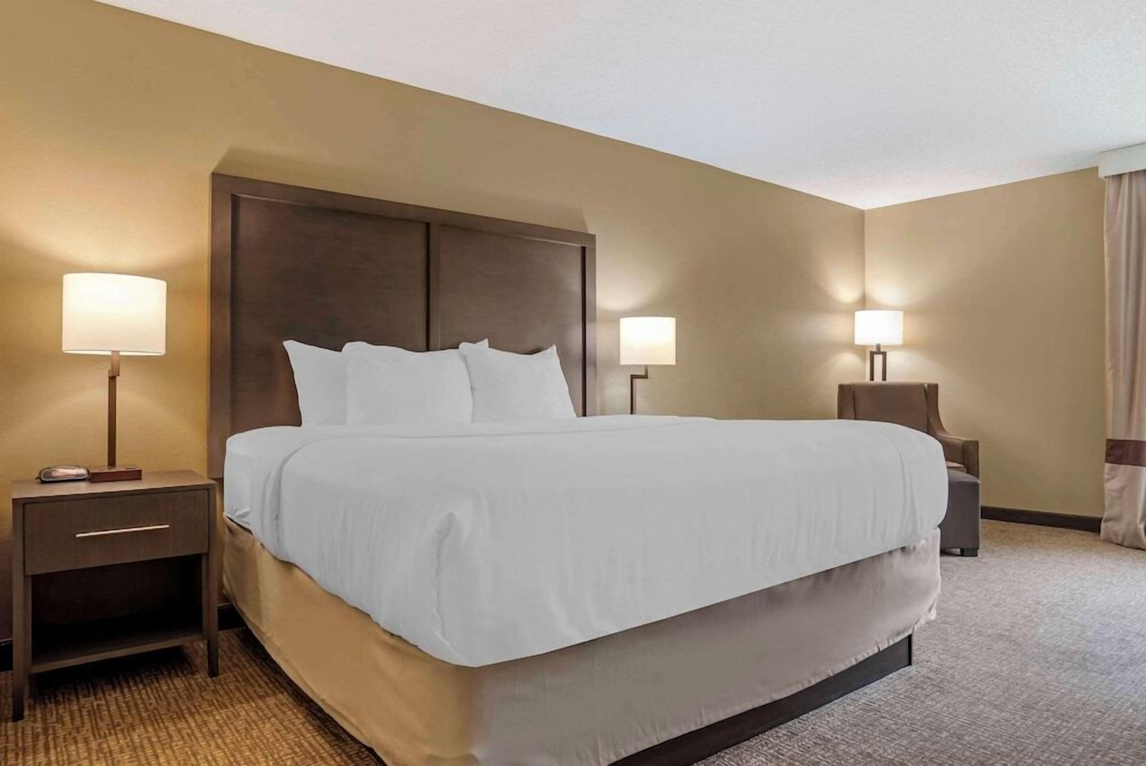 Premium bedding, desk, blackout drapes, iron/ironing board