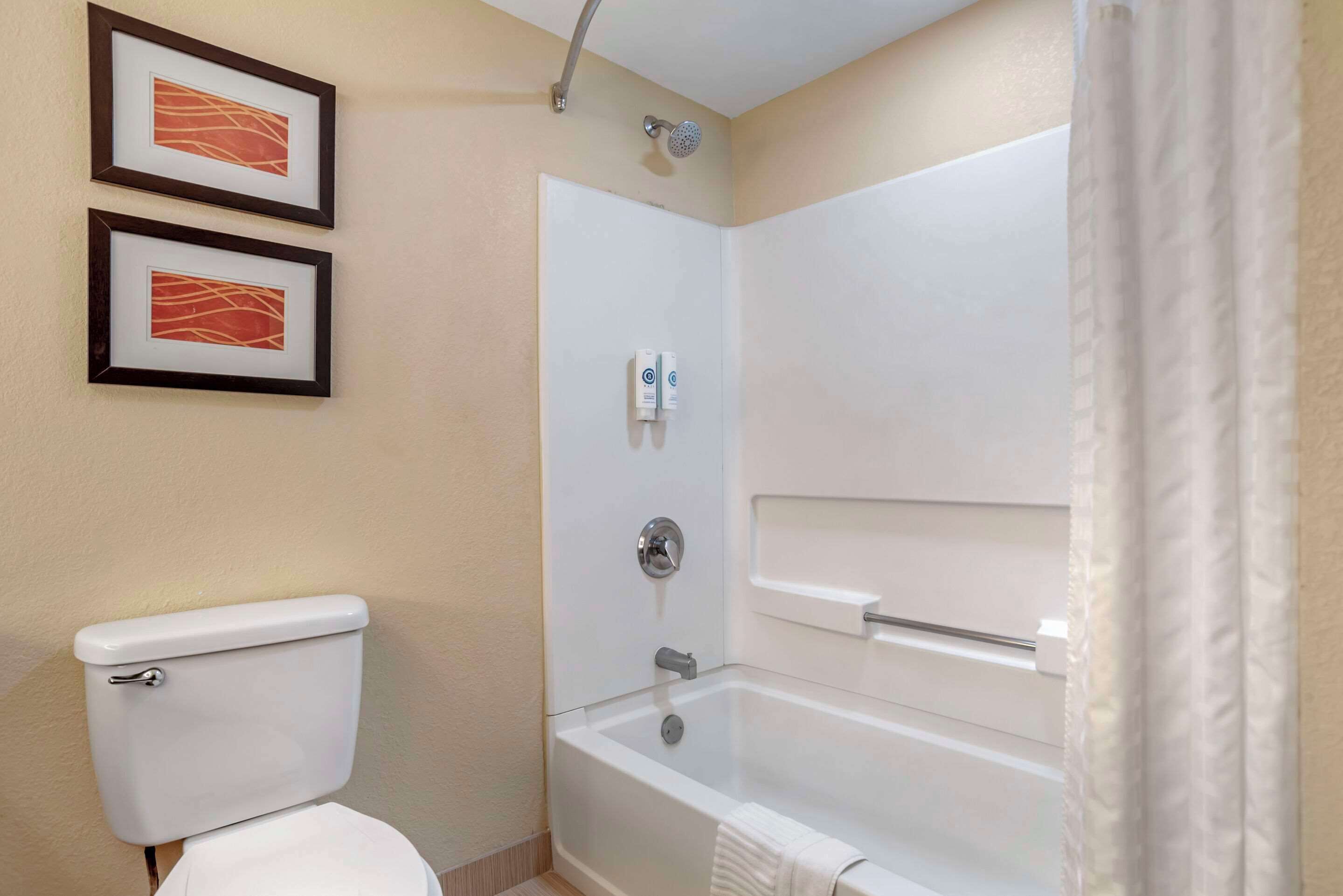A bathroom with a toilet, a shower, and two framed pictures on the wall.