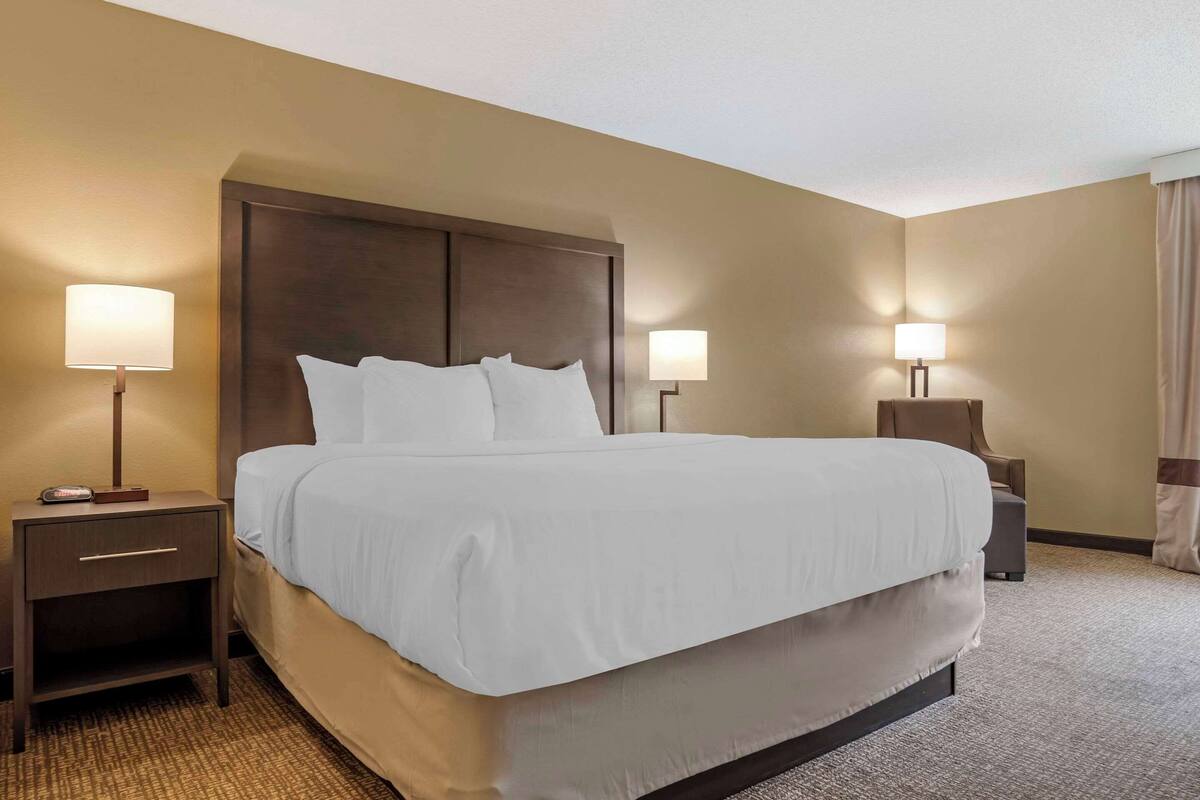 A hotel room with a large bed, two bedside tables with lamps, and a carpeted floor.