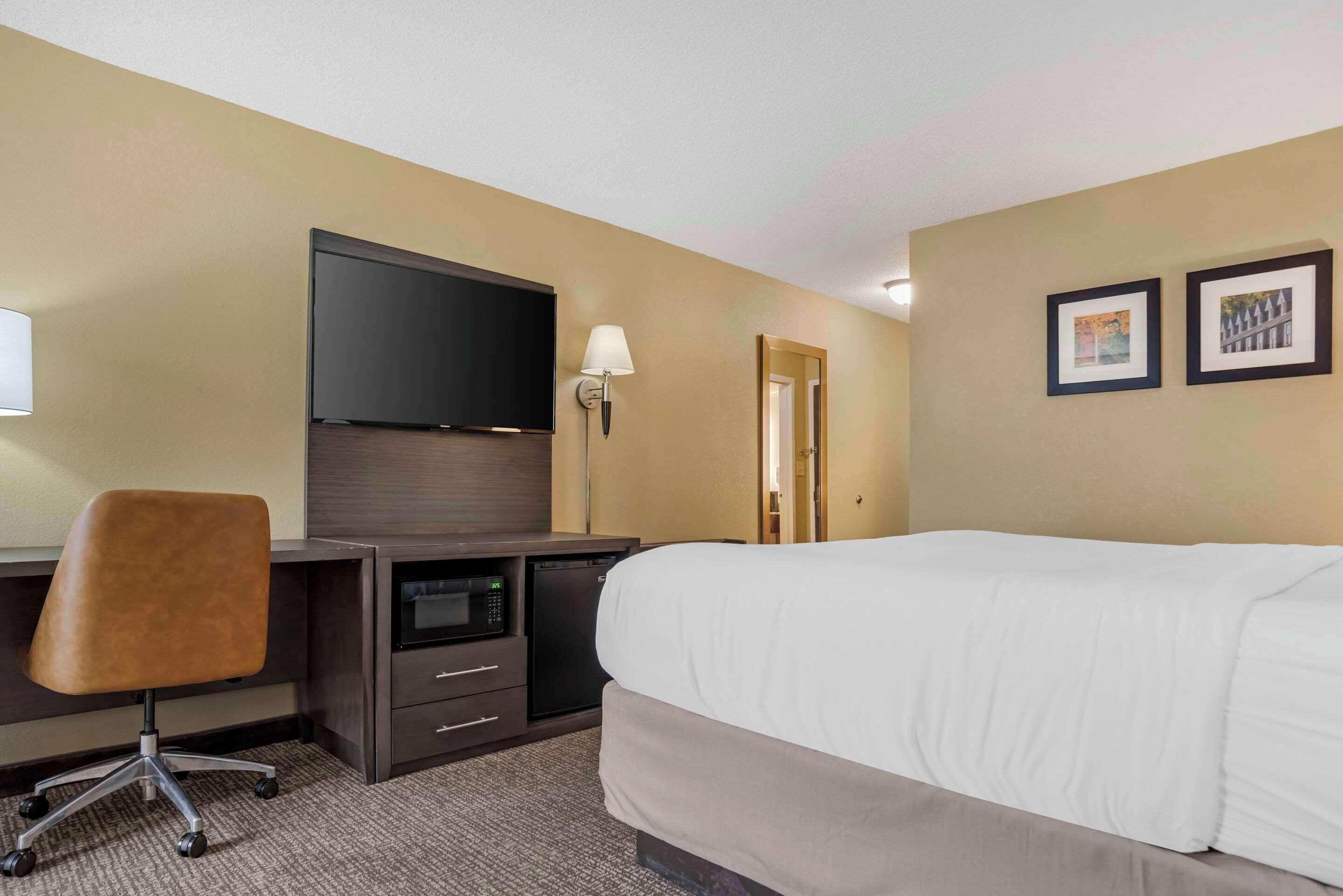 Habitación de hotel con cama, escritorio, silla, televisor, microondas y dos cuadros en la pared.