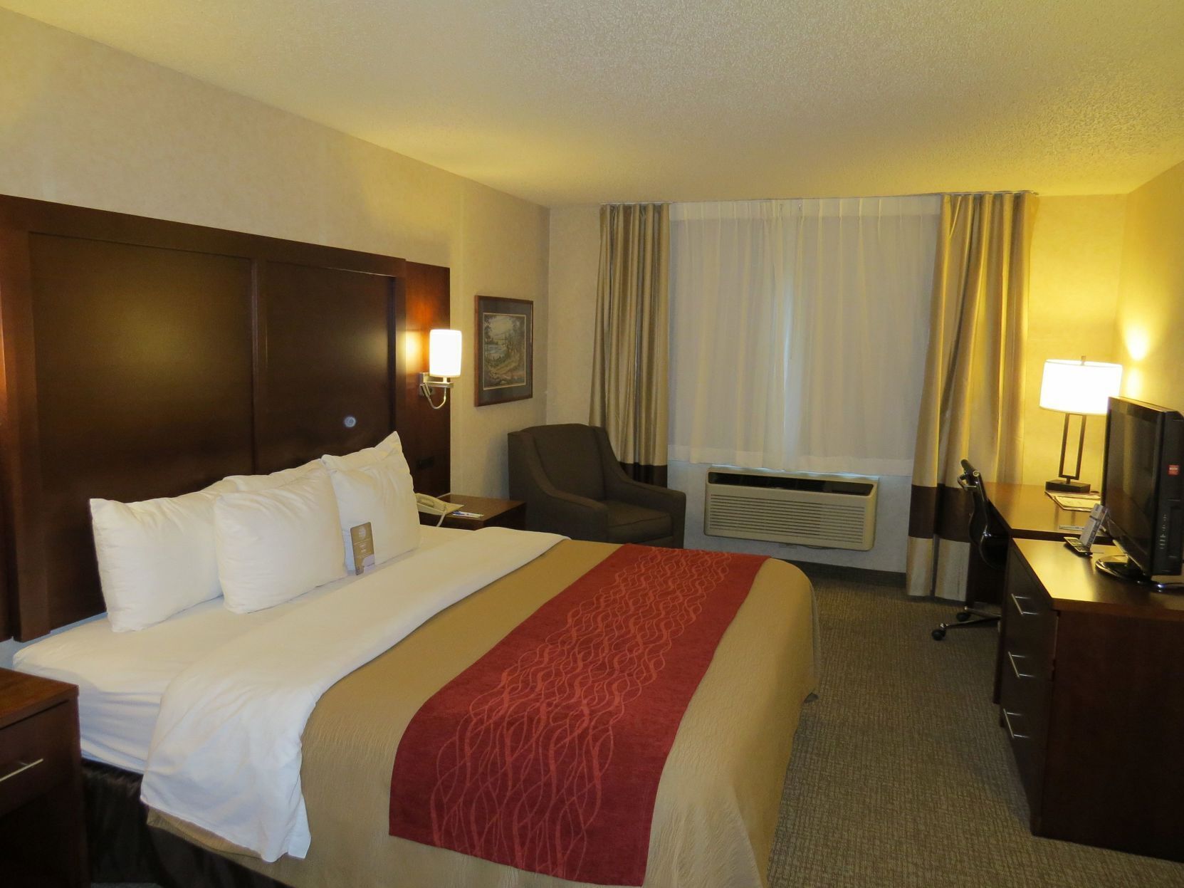 Down comforters, in-room safe, desk, blackout drapes