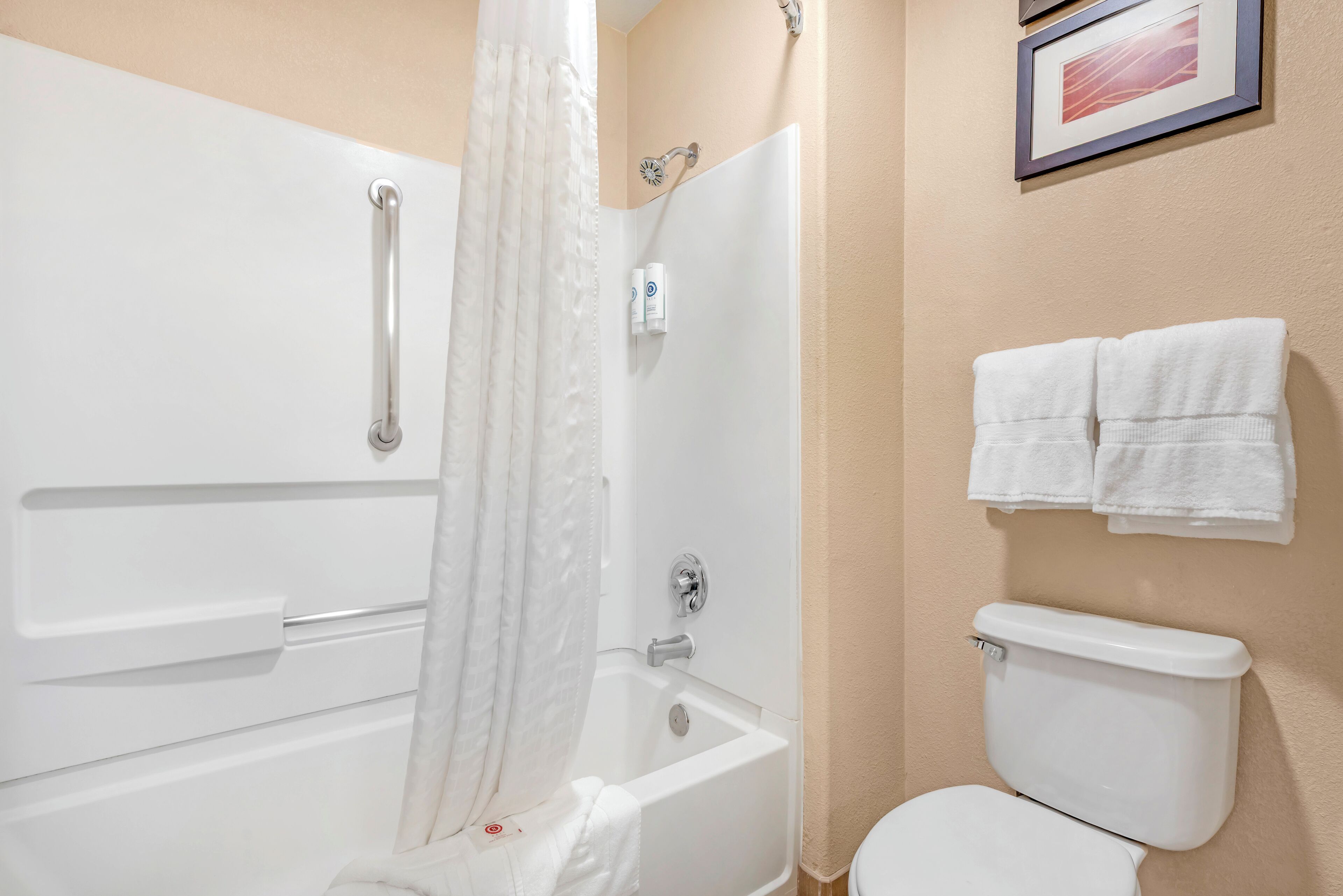 Combined shower/bathtub, free toiletries, hair dryer, towels