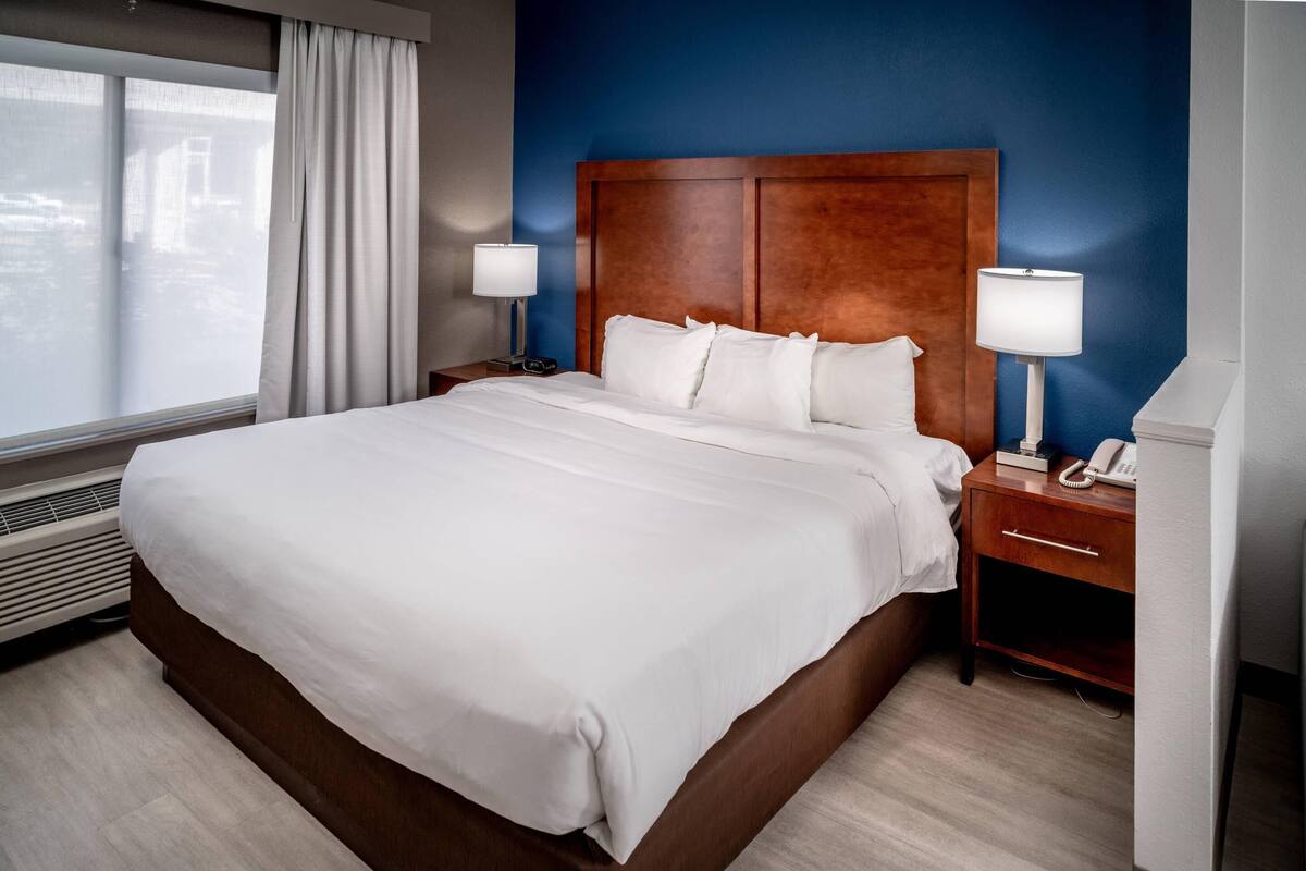 Hotelkamer met een groot bed, een houten hoofdbord, twee nachtkastjes met lampen en uitzicht op de stad door een raam met witte gordijnen.