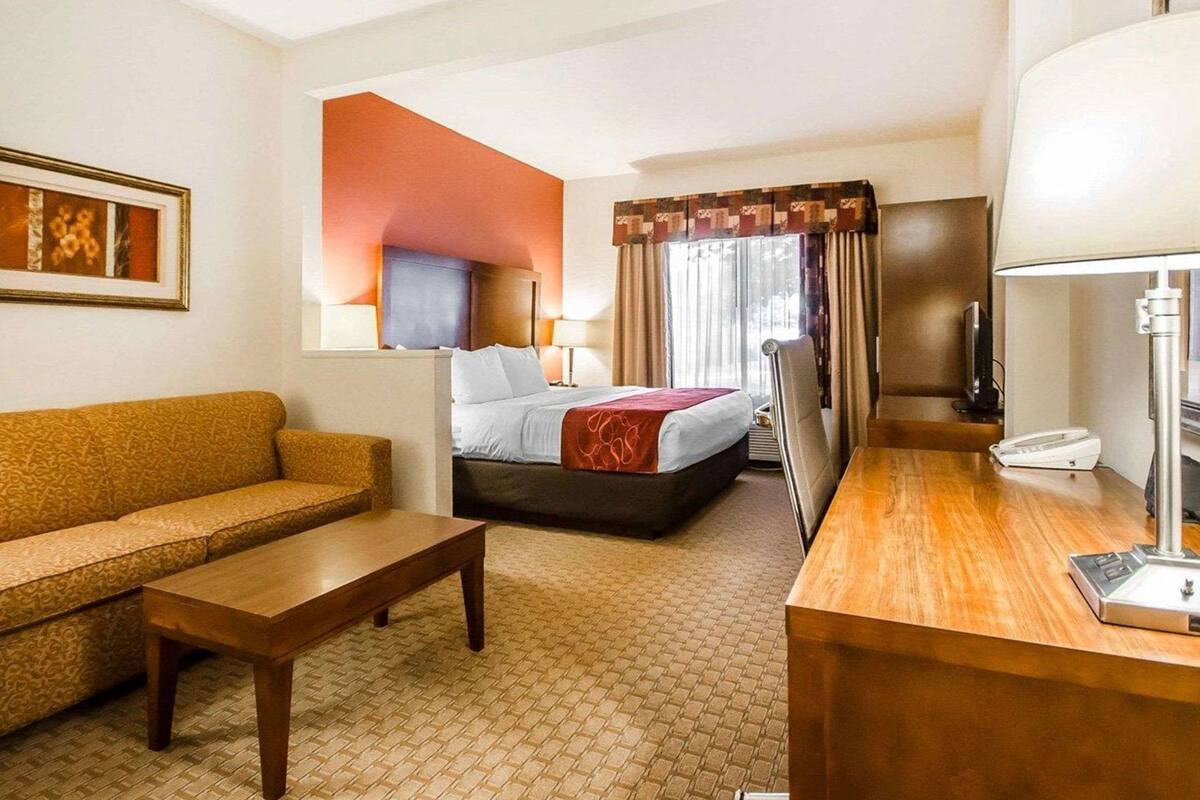 Een hotelkamer met een bed, een bank, een bureau, een lamp en een televisie.
