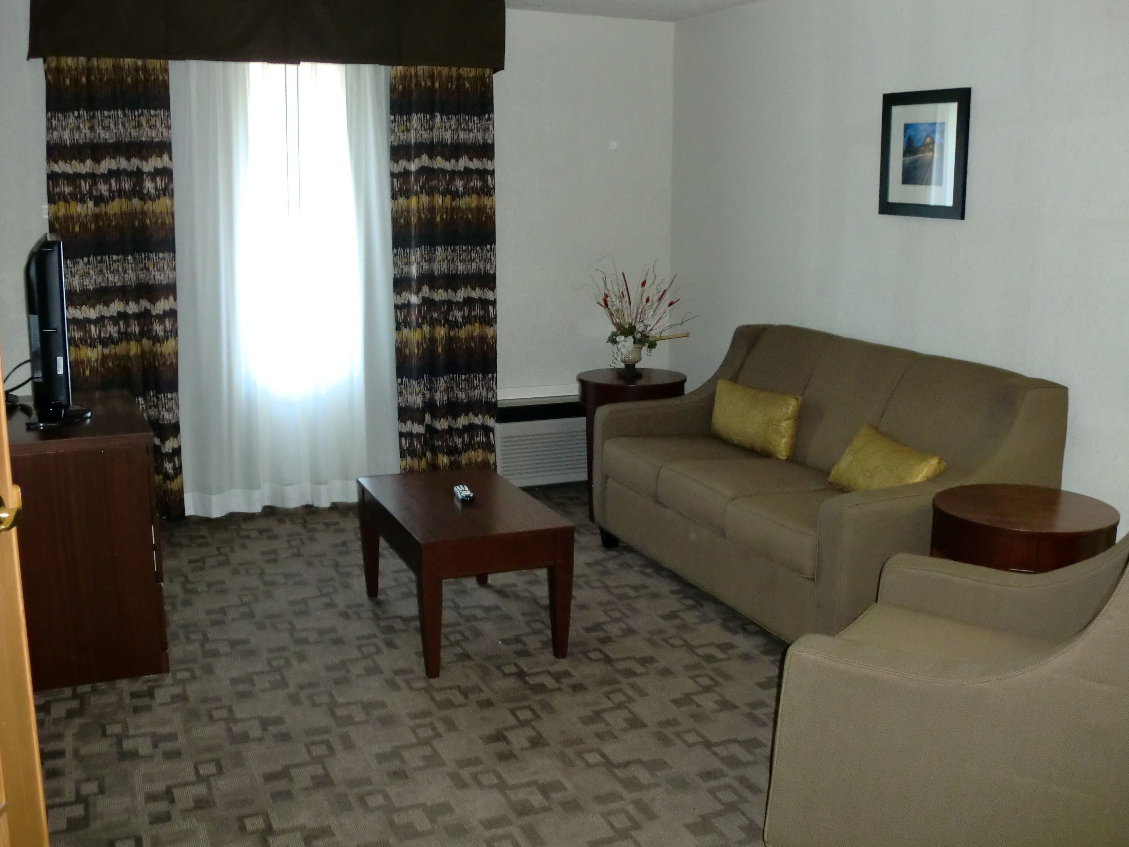 A living room with a sofa, a coffee table, a TV on a stand, and a framed picture on the wall.