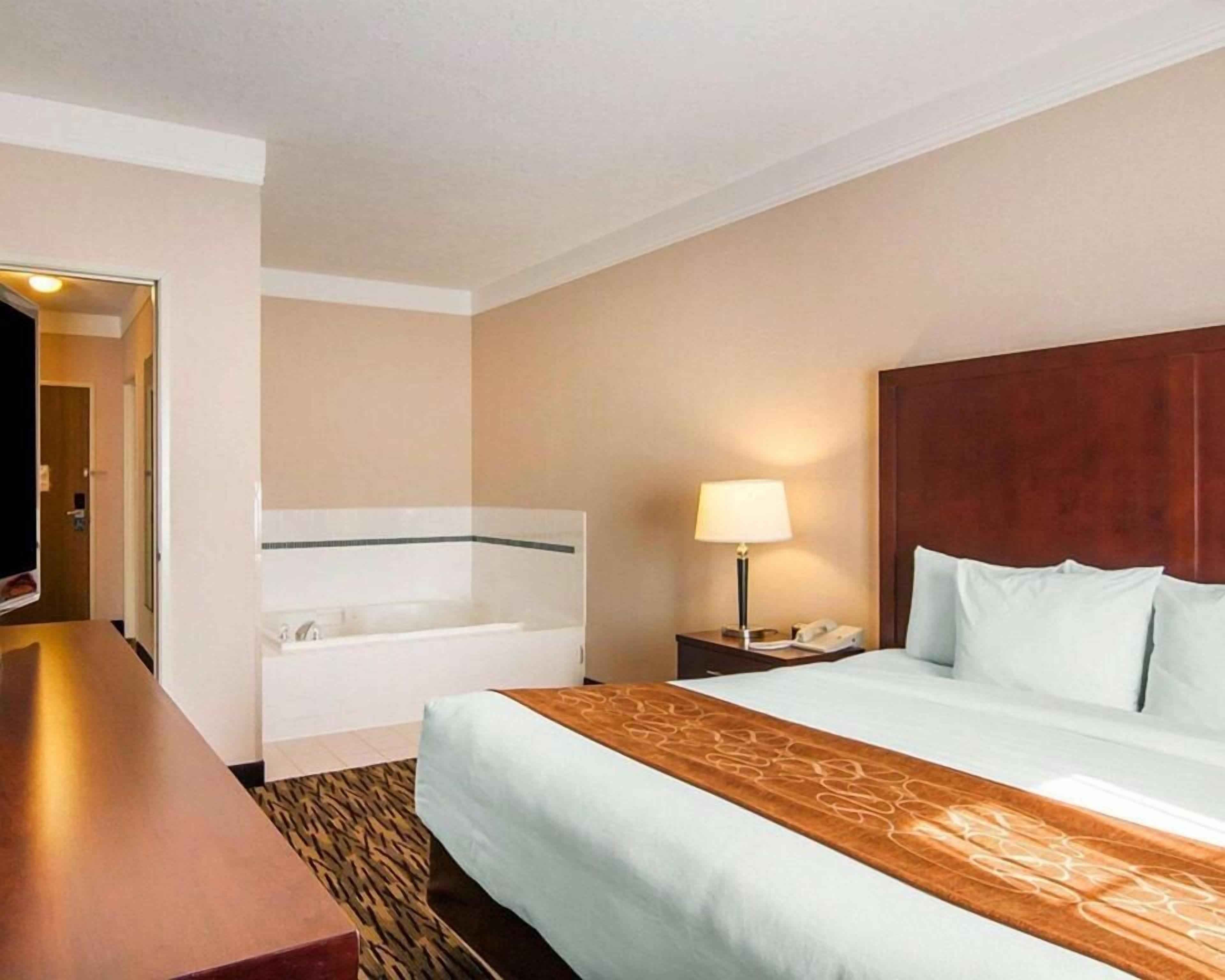 Premium bedding, pillowtop beds, desk, laptop workspace