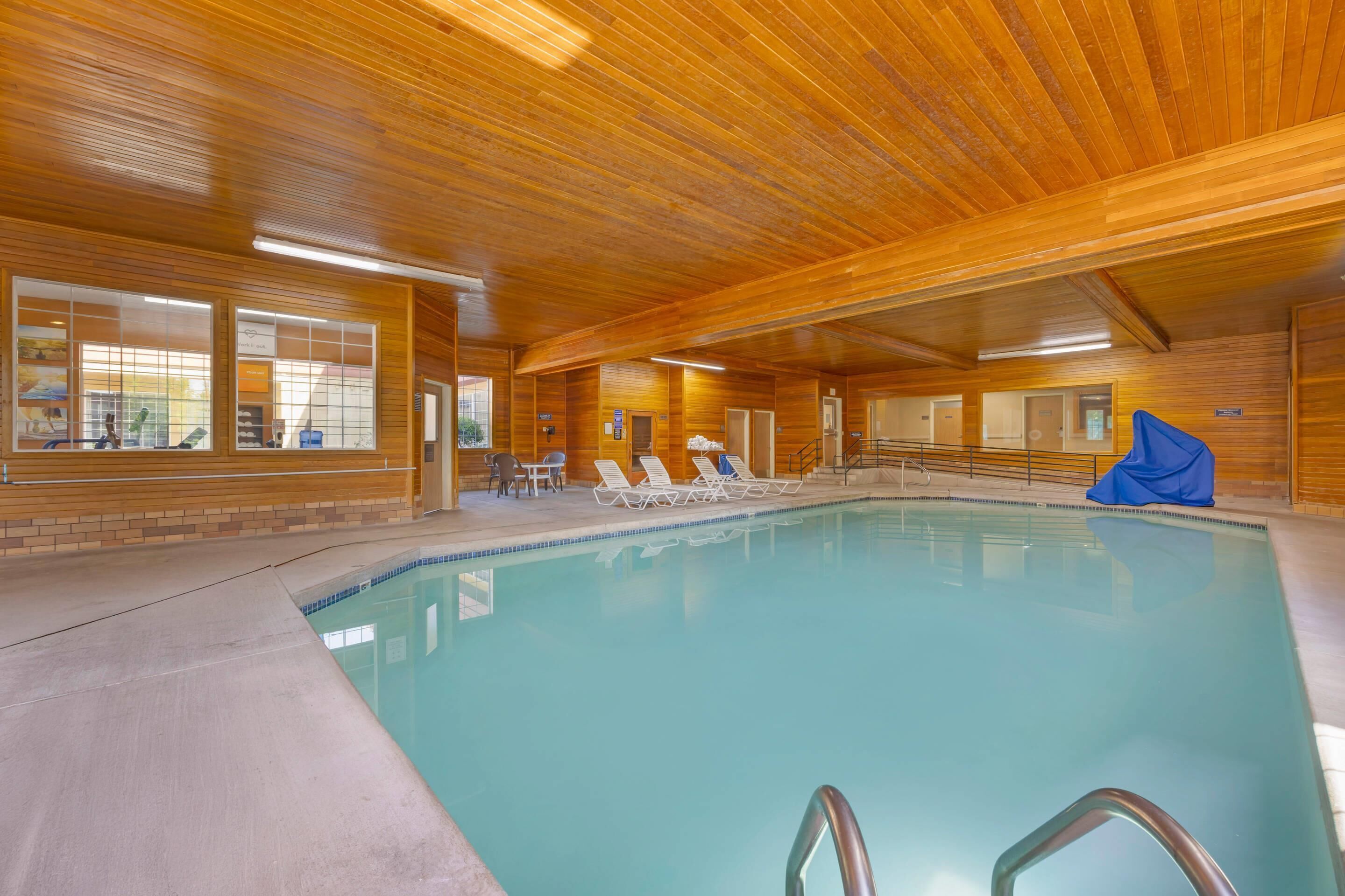 indoor pool, open 5:00 am to midnight, pool loungers