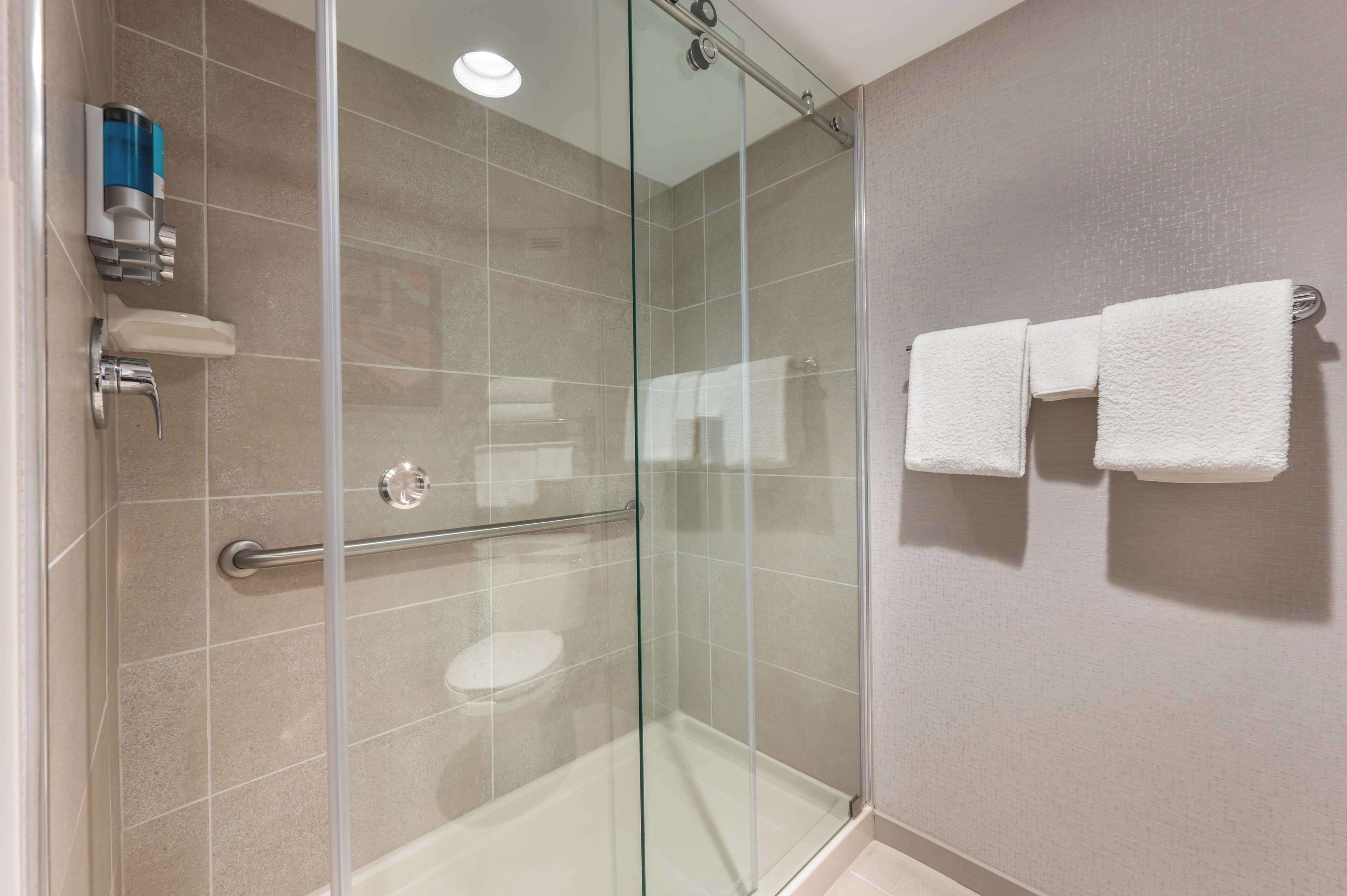 combined shower/bathtub, free toiletries, hair dryer, towels