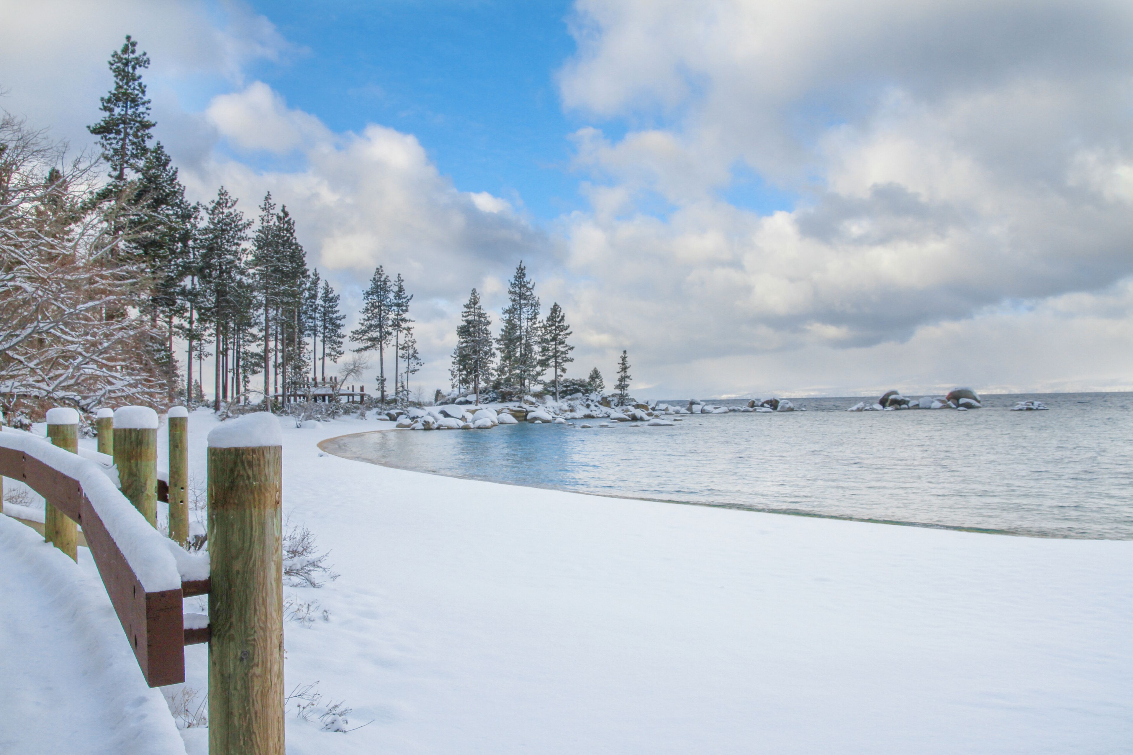 A snow-covered beach with wooden fences and trees in the background.