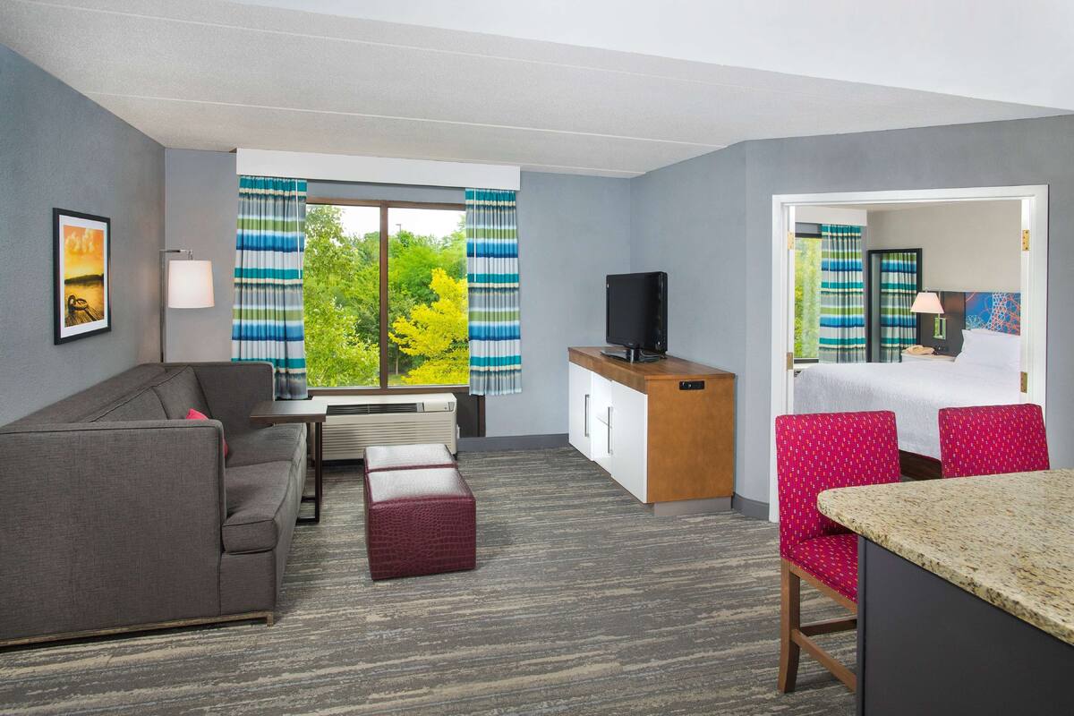A hotel room with a sofa, a small table, a TV, a bed, and a view of greenery.