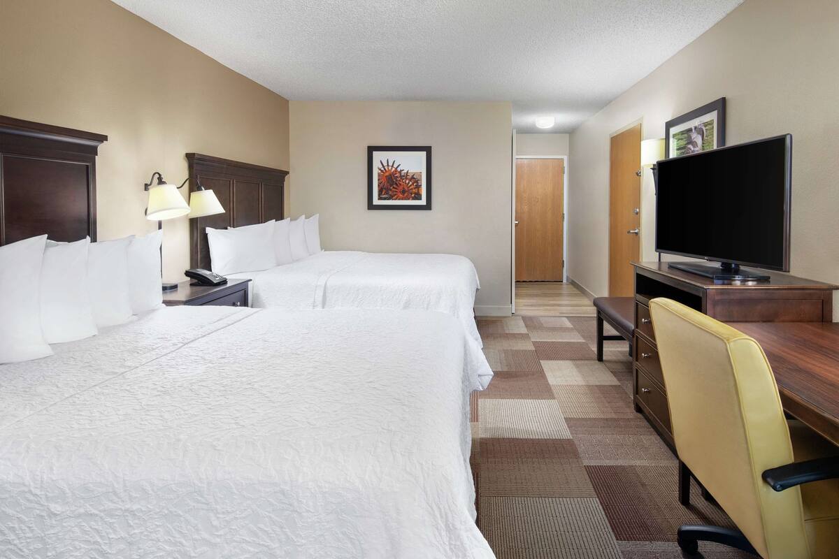 A hotel room with two beds, a desk with a television, a chair, and a lamp.