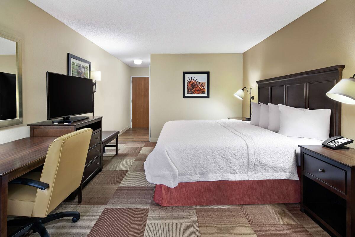 A hotel room with a bed, desk, chair, TV, and a painting on the wall.