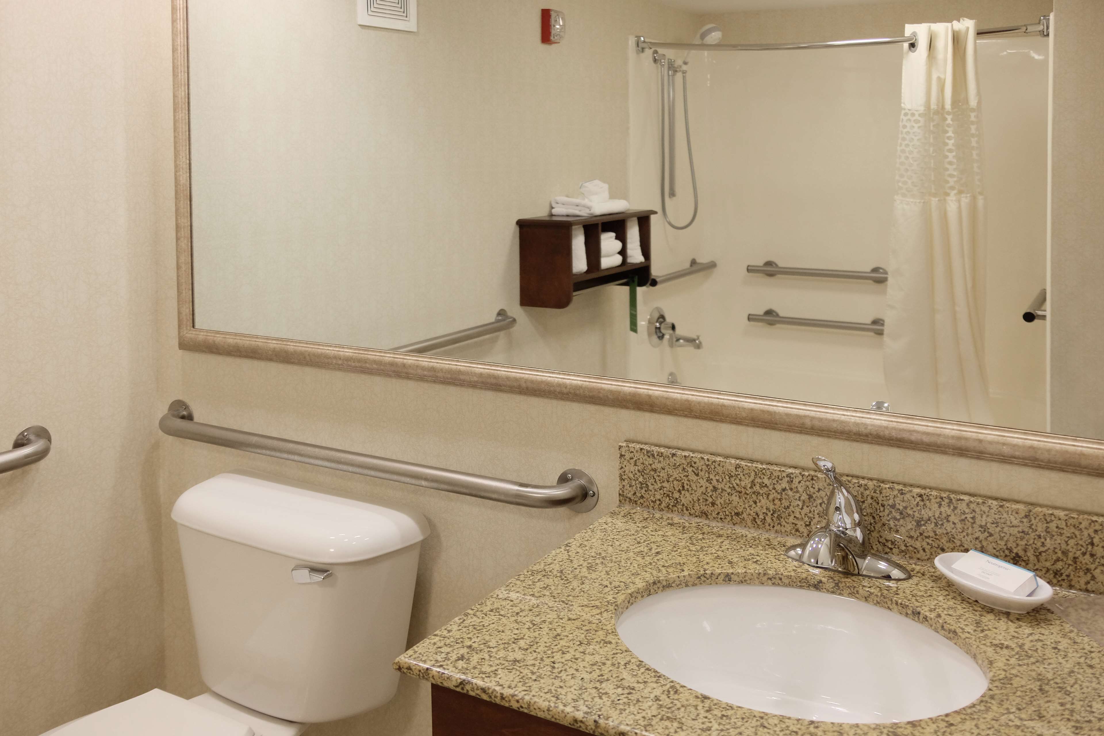 room, 1 king bed, accessible, non smoking | bathroom | combined shower/bathtub, hydromassage showerhead, free toiletries