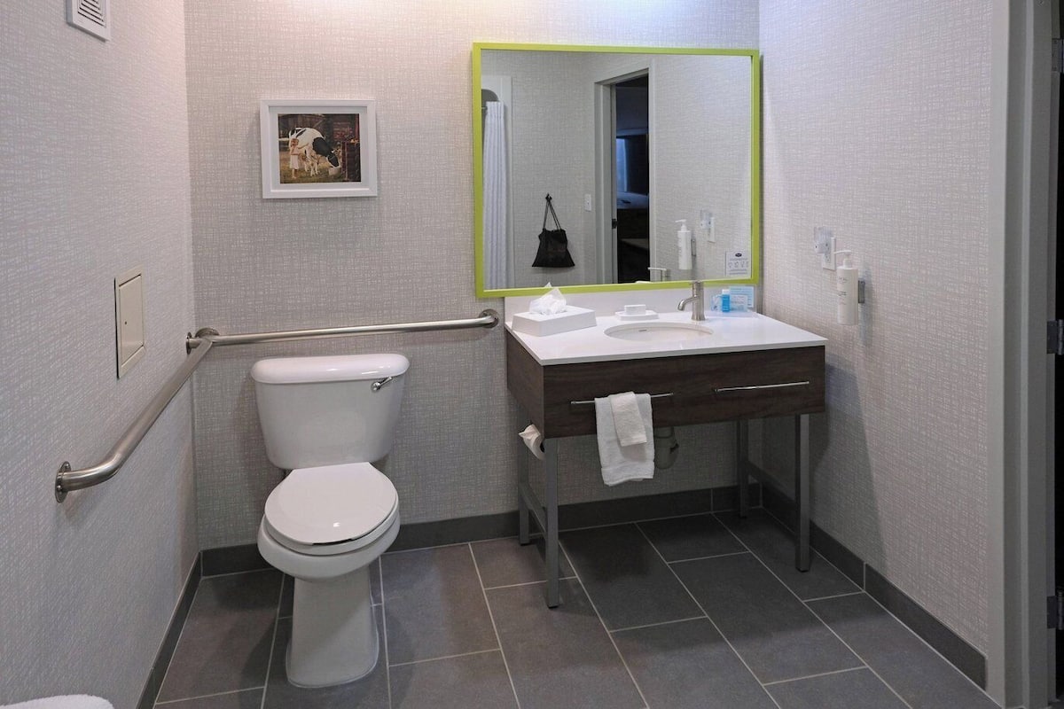 Un bagno con un WC, un lavandino con specchio e un portascopevoli.