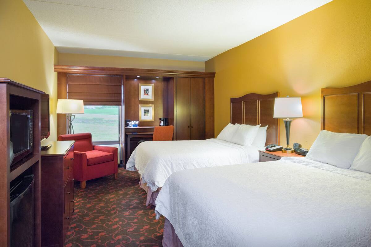 A hotel room with two beds, a desk with a chair, a television, and a window with a view of a green landscape.