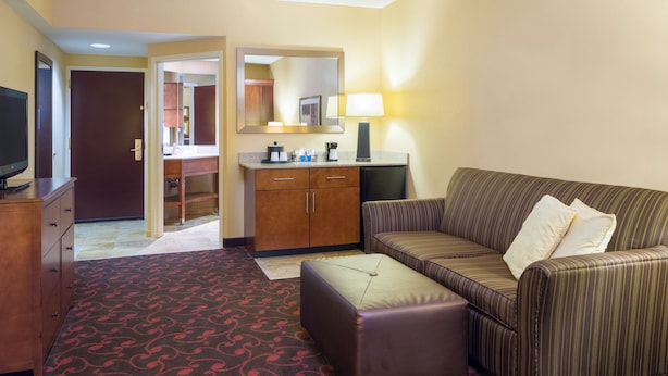A hotel room with a sofa, ottoman, TV, desk, and mirror. - Hotel Carlisle (Carlisle)